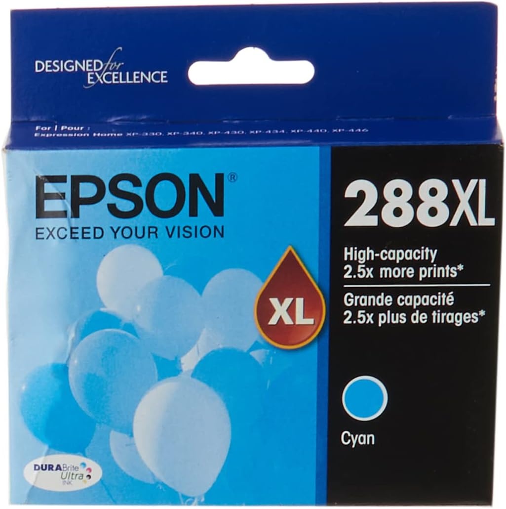 image:imageEPSON 288 DURABrite Ultra Ink High Capacity Cyan Cartridge T288XL220S Works with Expression XP330 430 434 340 440 4461 Count Pack of 2