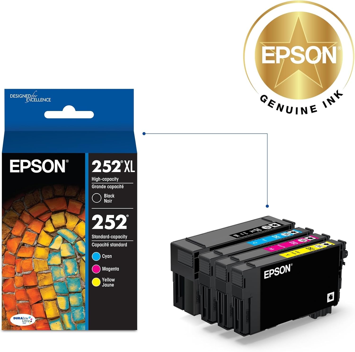 image:imageEPSON 252 DURABrite Ultra Ink High Capacity Black amp Standard Color Cartridge Combo Pack T252XLBCS Works with WorkForce WF3620 3640 7110 7610 7620 7710 7720 7210MultiPack