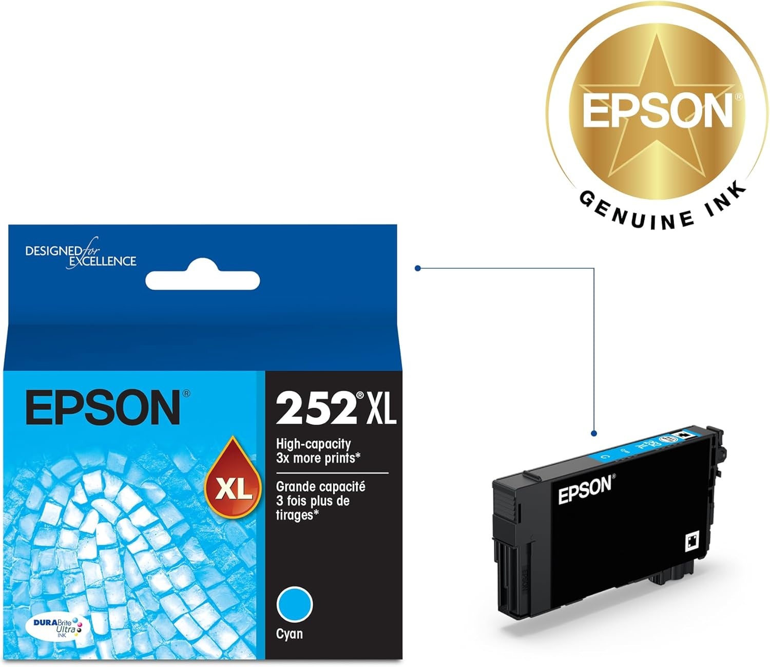 image:imageEpson 252 DURABrite Ultra Ink High Capacity Cyan Cartridge T252XL220S Works with Workforce WF3620 WF3640 WF7110 WF7610 WF7620 WF7710 WF7720 WF7210