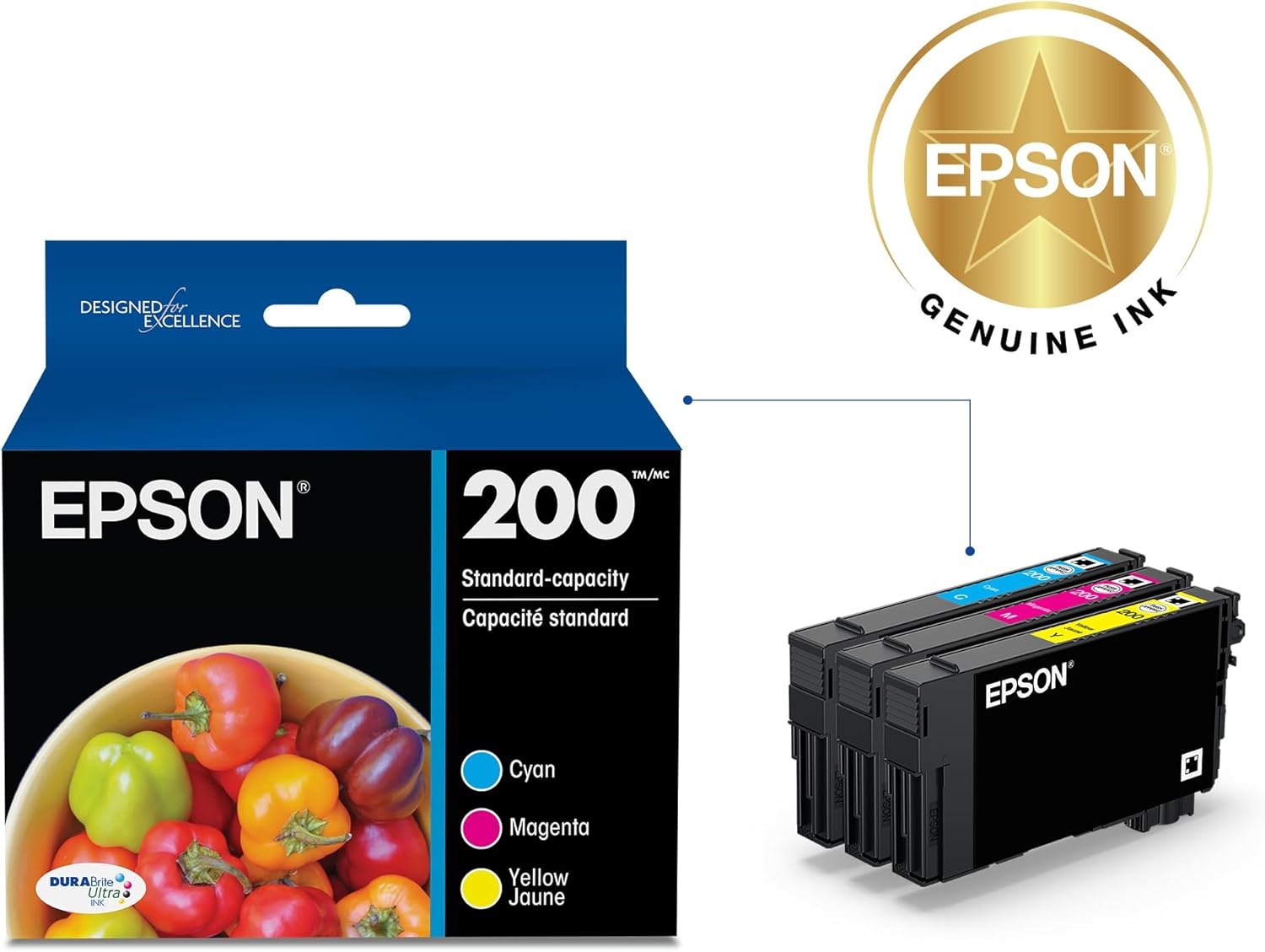 image:imageEpson 200 DURABrite Ultra Ink Standard Capacity Color Combo Pack T200520S Works with Workforce WF2520 2530 2540 Expression XP200 300 310 400 410Combo Pack