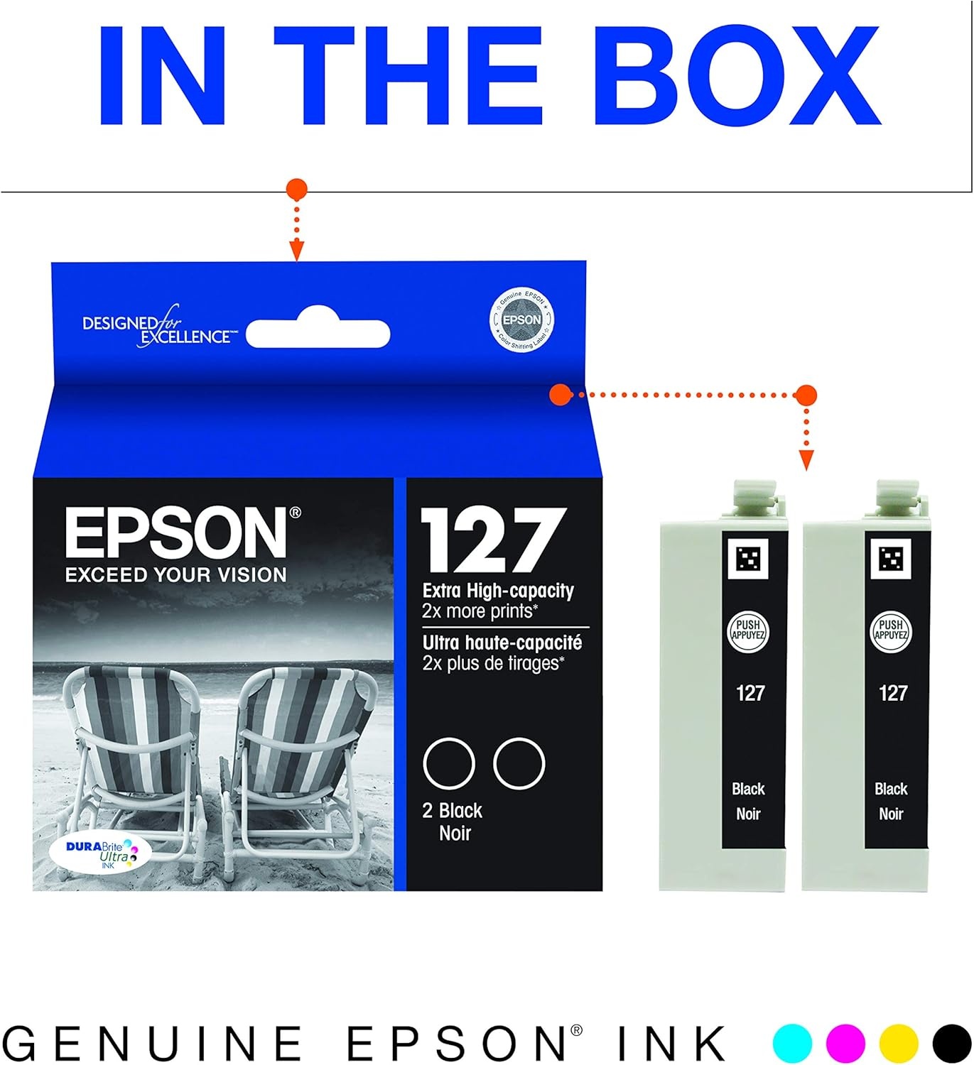image:imageEPSON 127 DURABrite Ultra Ink Black Dual Cartridge Pack For NX530 625 WF3520 3530 3540 545 60 630 633 635 645 7010 7510 7520 840 845Dual pack Pack of 4