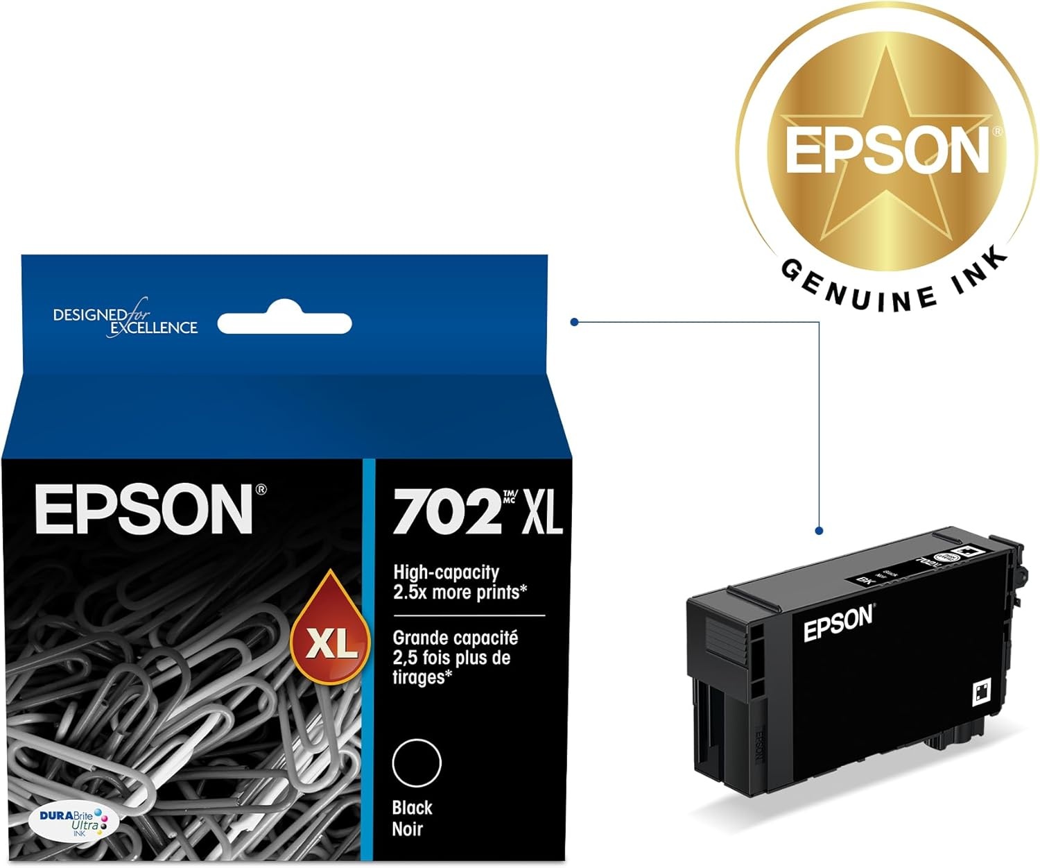 image:imageEPSON 702 DURABrite Ultra Ink High Capacity Yellow Cartridge T702XL420 Works with WorkForce WF3720 3730 3733Black