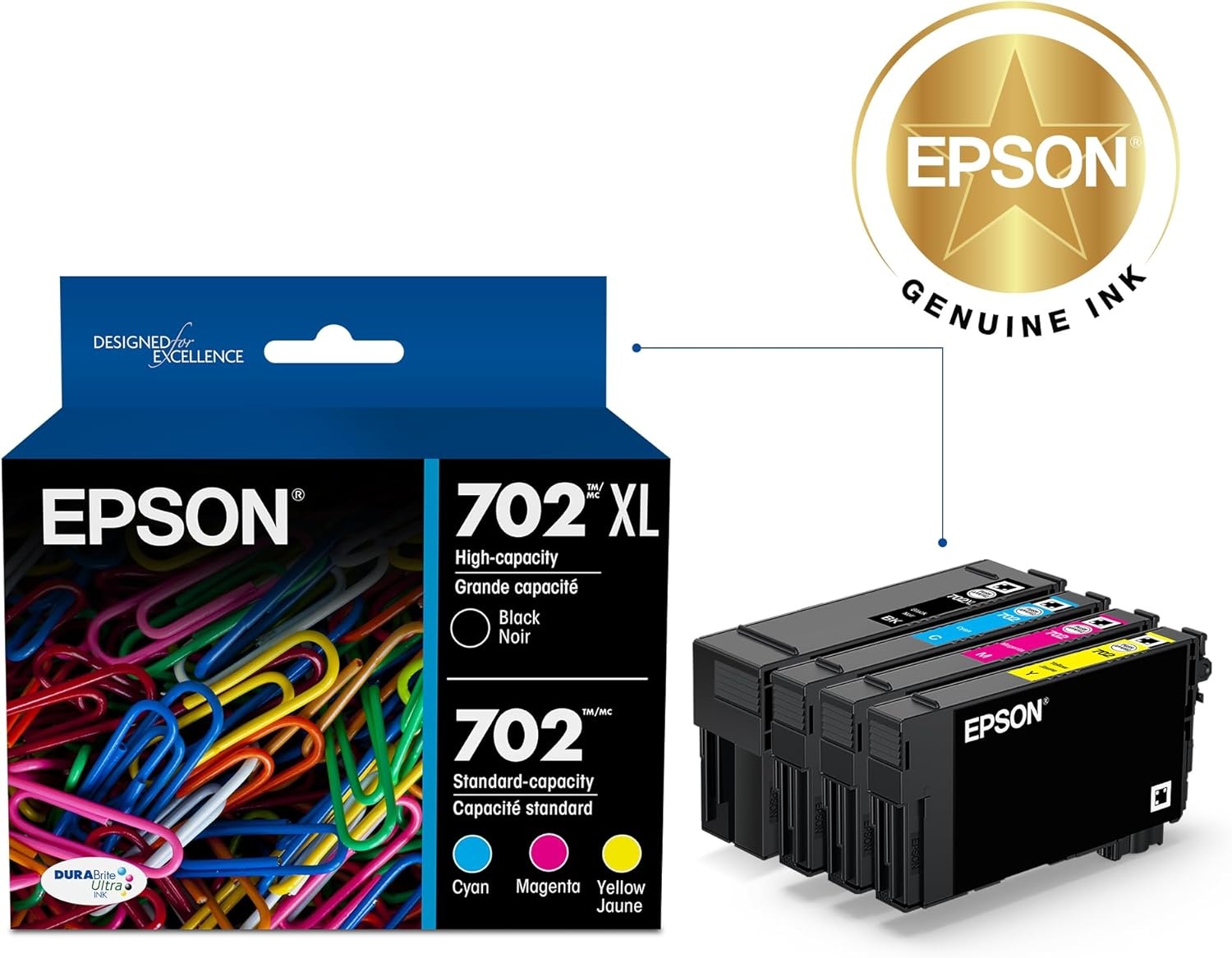 image:imageEPSON 702 DURABrite Ultra Ink High Capacity Yellow Cartridge T702XL420 Works with WorkForce WF3720 3730 3733Black and color combo pack