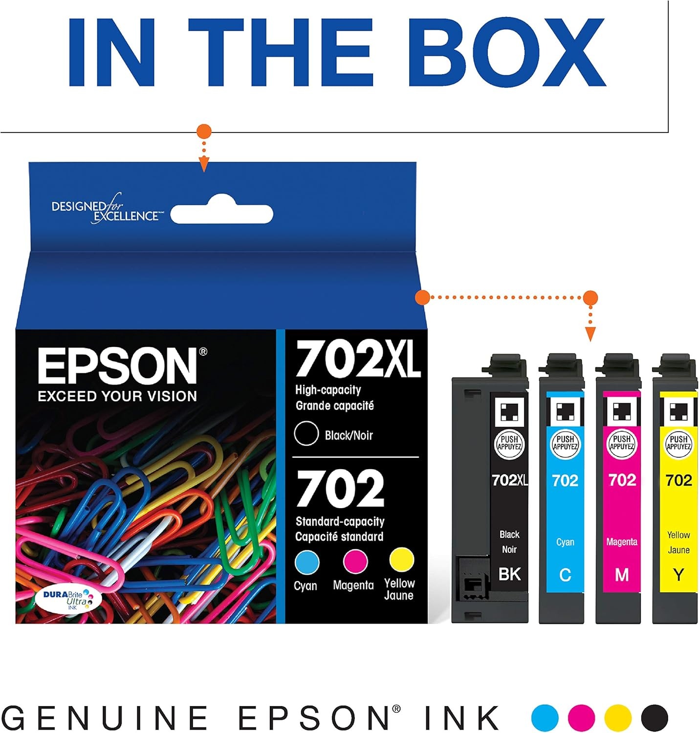 image:imageEPSON 702 DURABrite Ultra Ink High Capacity Yellow Cartridge T702XL420 Works with WorkForce WF3720 3730 3733Black and color combo pack