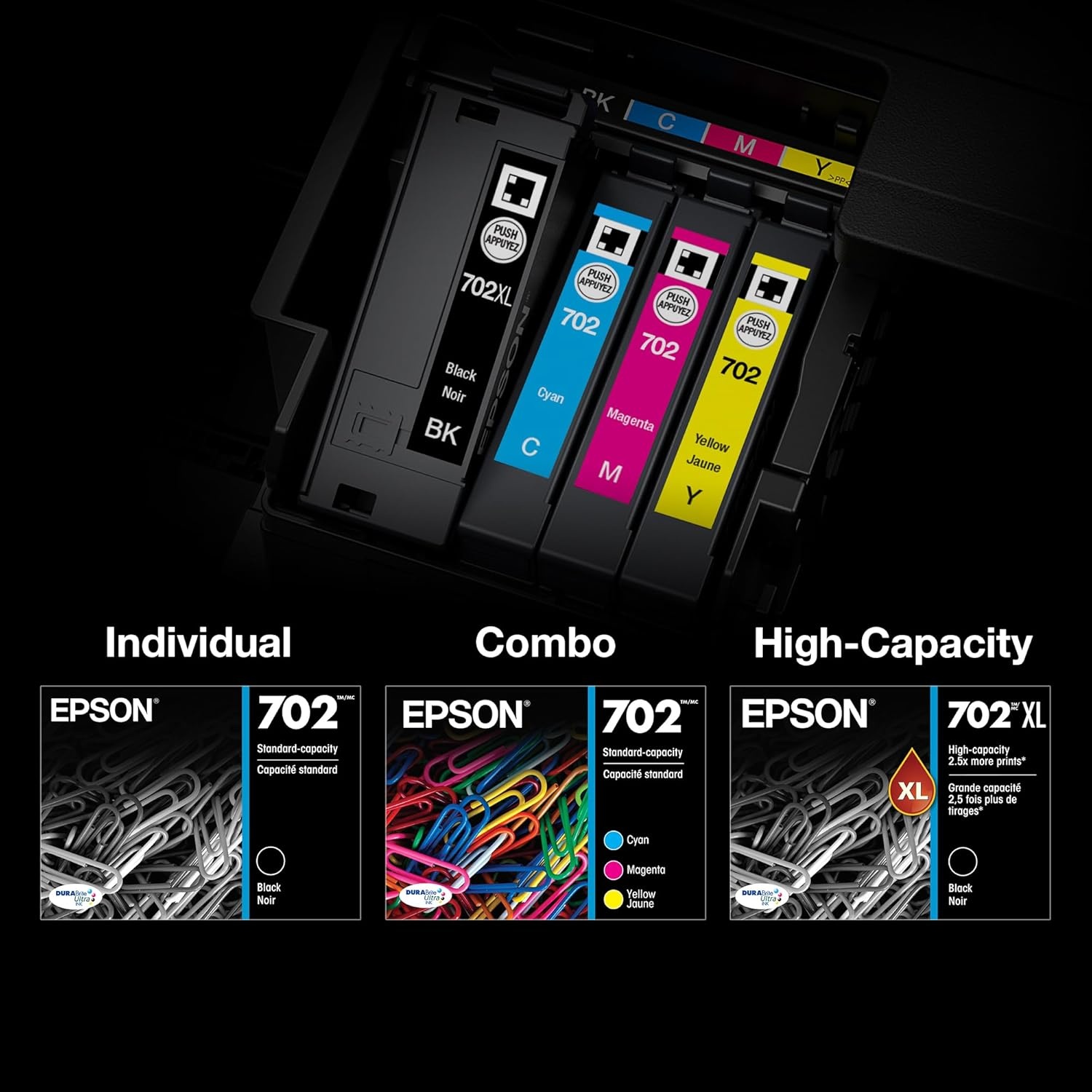 image:imageEPSON 702 DURABrite Ultra Ink High Capacity Yellow Cartridge T702XL420 Works with WorkForce WF3720 3730 3733Black and color combo pack