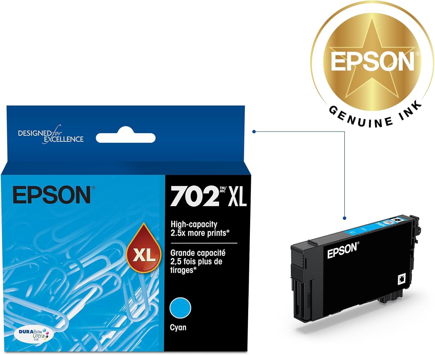 image:imageEPSON 702 DURABrite Ultra Ink High Capacity Yellow Cartridge T702XL420 Works with WorkForce WF3720 3730 3733Cyan