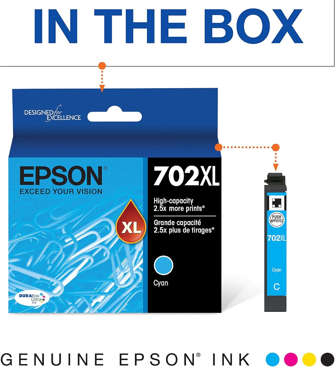 image:imageEPSON 702 DURABrite Ultra Ink High Capacity Yellow Cartridge T702XL420 Works with WorkForce WF3720 3730 3733Cyan