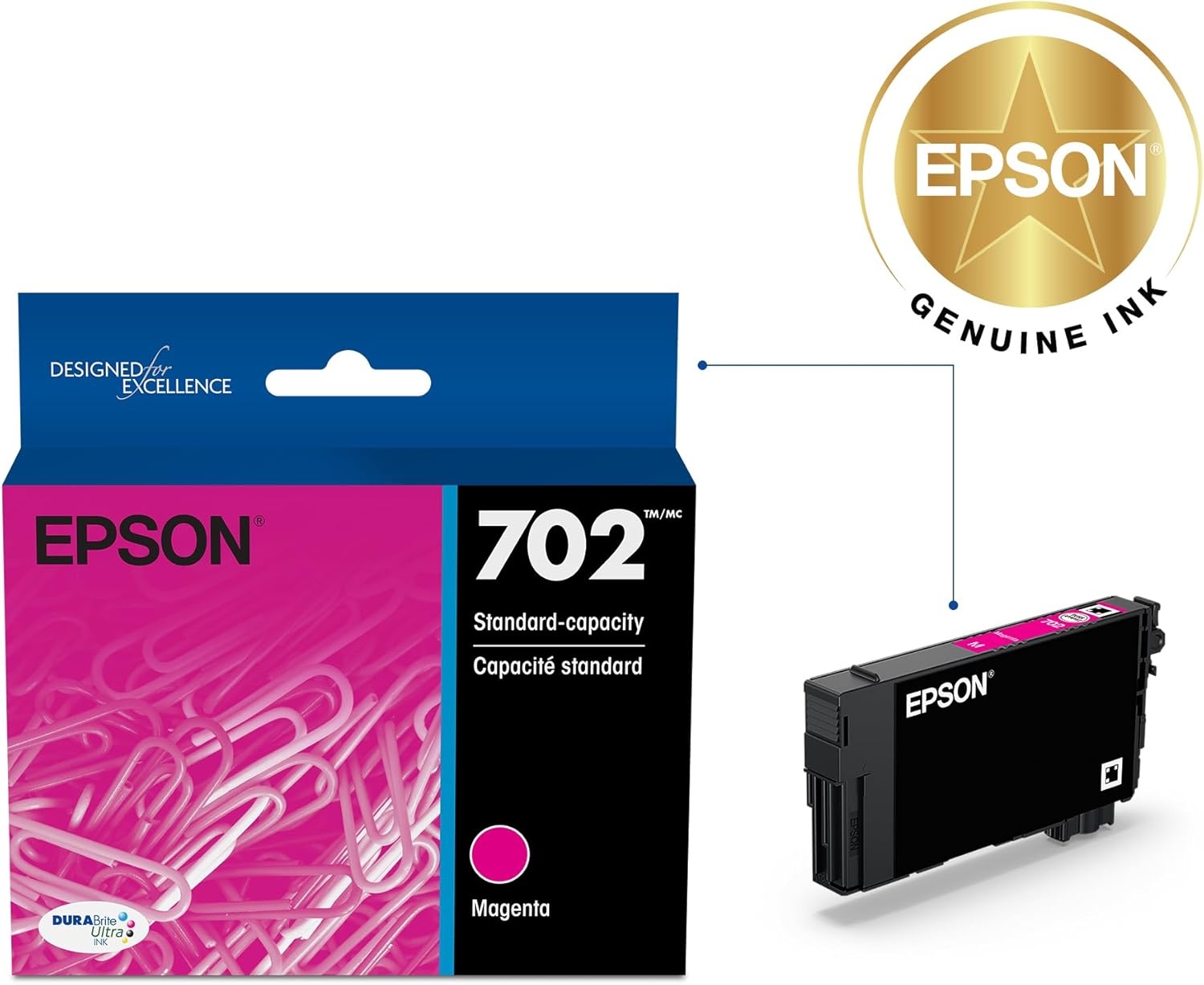 image:imageEPSON 702 DURABrite Ultra Ink Standard Capacity Magenta Cartridge T702320S Works with WorkForce Pro WF3720 3730 3733 Pack of 11 Count Pack of 1