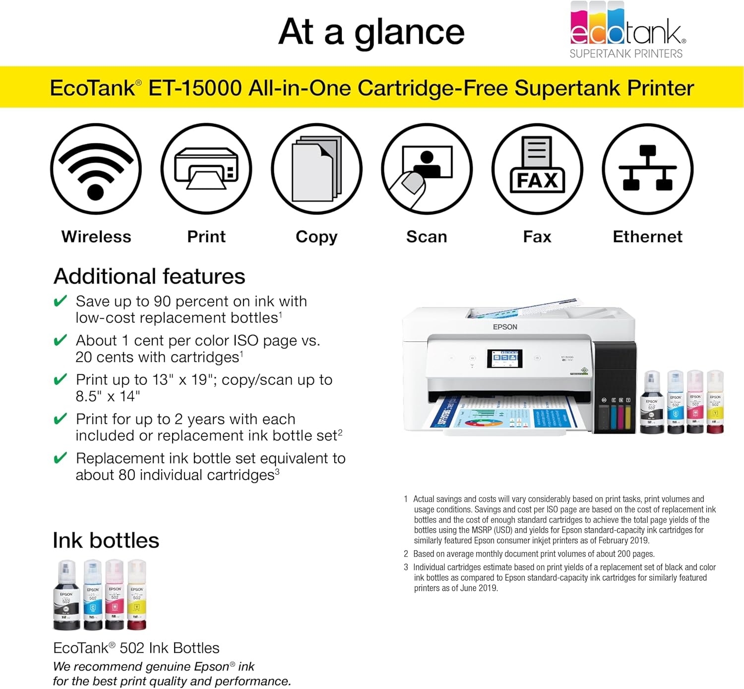 image:imageEpson EcoTank ET15000 Wireless Color AllinOne Supertank Printer with Scanner Copier Fax Ethernet and Printing up to 13 x 19 Inches WhitePrinter