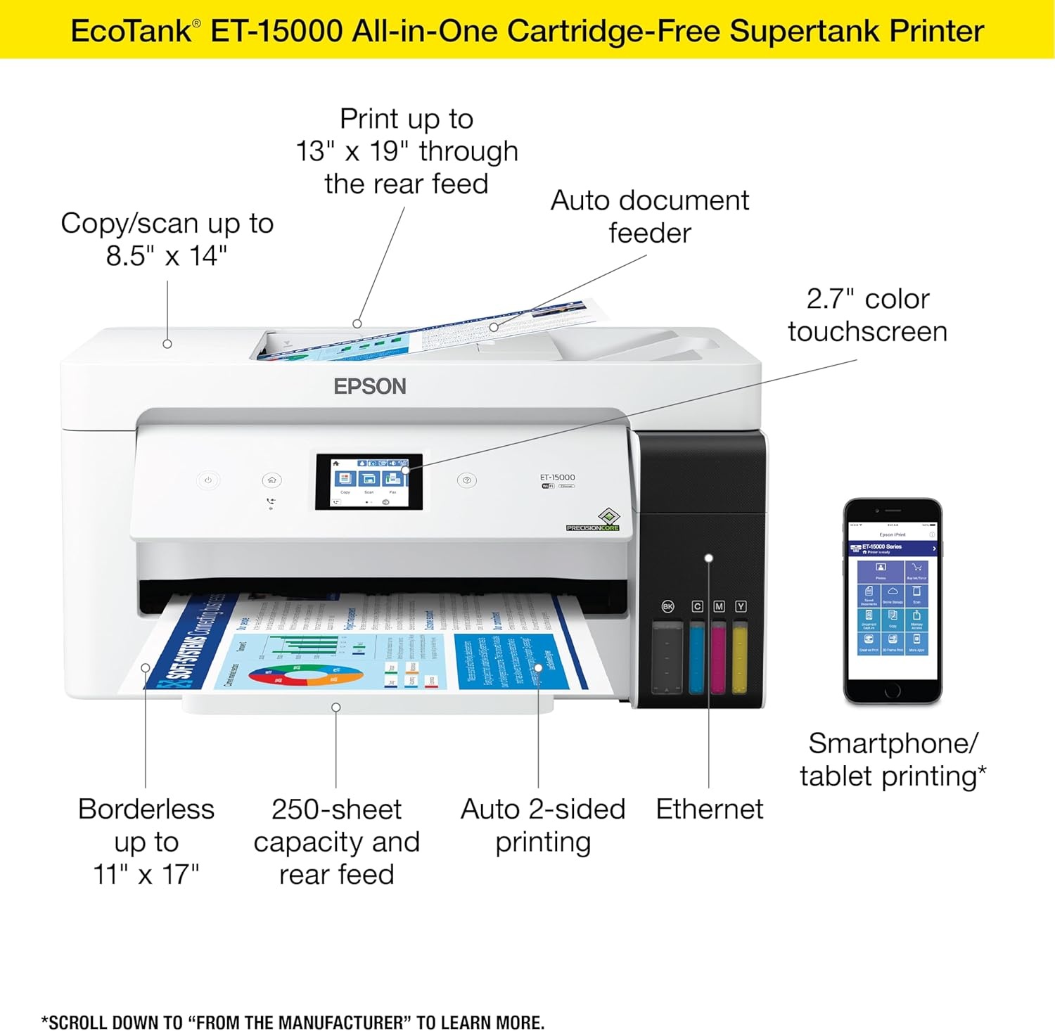 image:imageEpson EcoTank ET15000 Wireless Color AllinOne Supertank Printer with Scanner Copier Fax Ethernet and Printing up to 13 x 19 Inches WhitePrinter