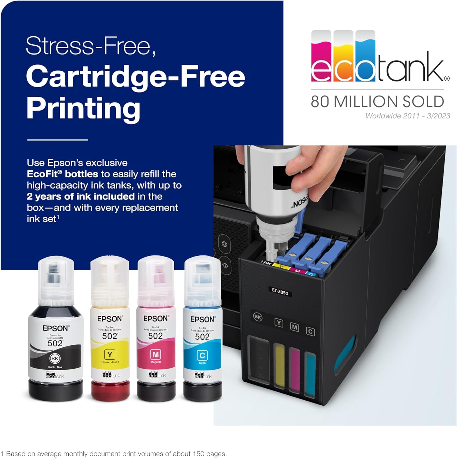 image:imageEpson EcoTank ET2850 Wireless Color AllinOne CartridgeFree Supertank Printer with Scan Copy and Auto 2Sided Printing White MediumBlack