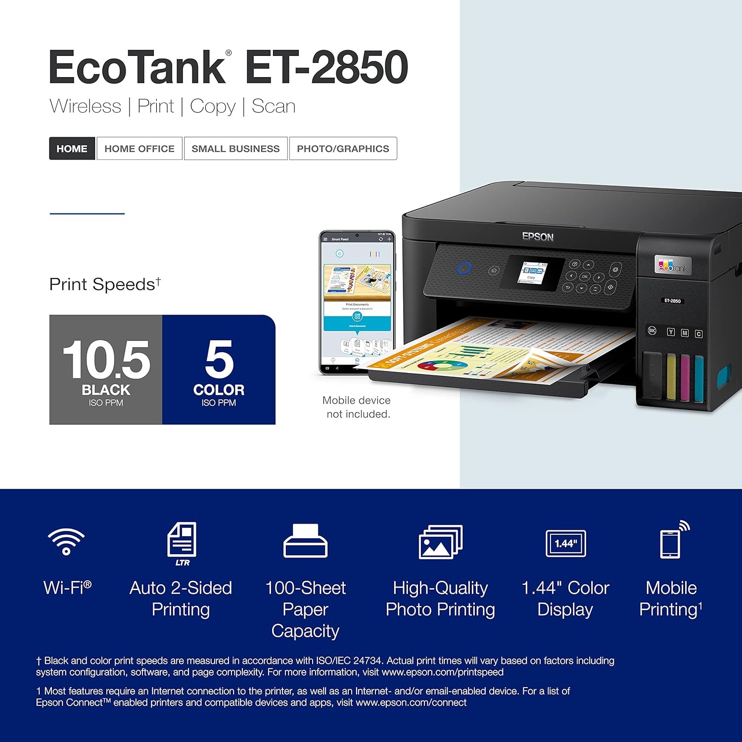 image:imageEpson EcoTank ET2850 Wireless Color AllinOne CartridgeFree Supertank Printer with Scan Copy and Auto 2Sided Printing White MediumBlack