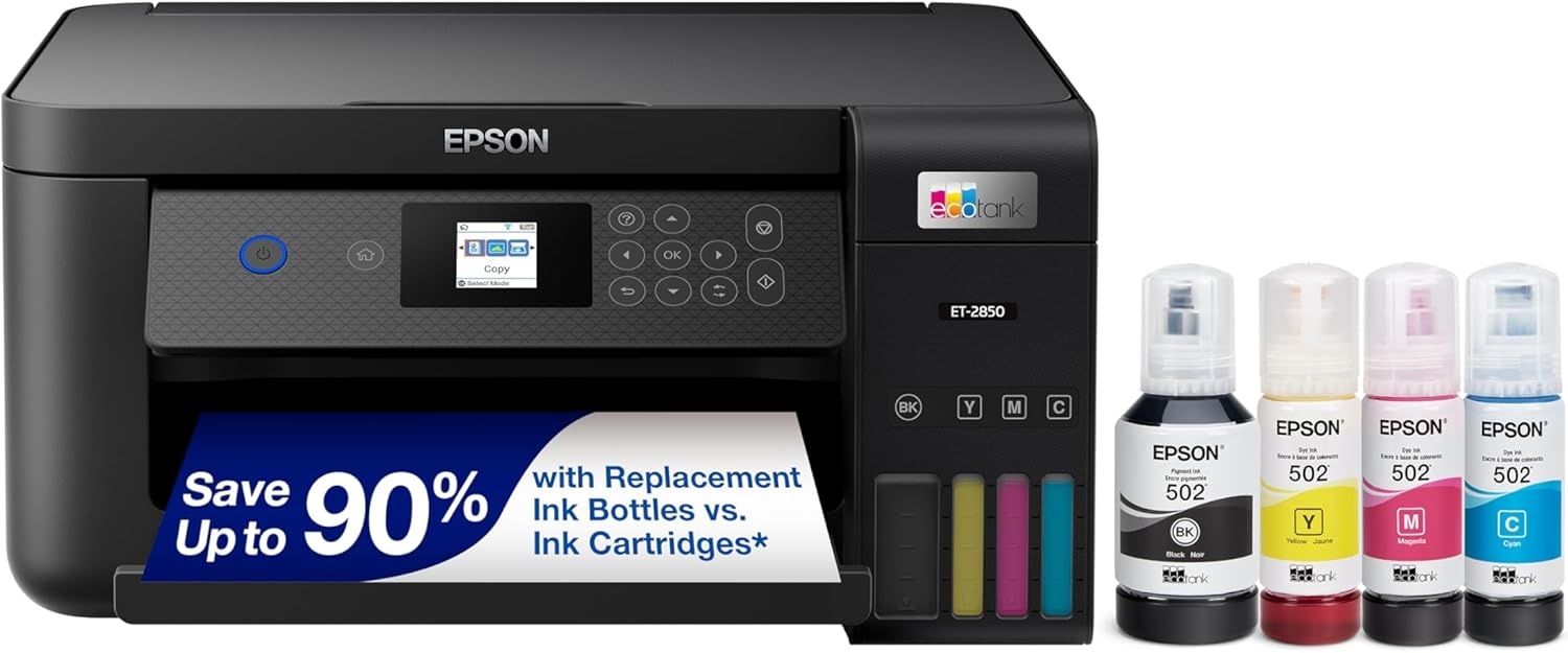 image:imageEpson EcoTank ET2850 Wireless Color AllinOne CartridgeFree Supertank Printer with Scan Copy and Auto 2Sided Printing White MediumBlack