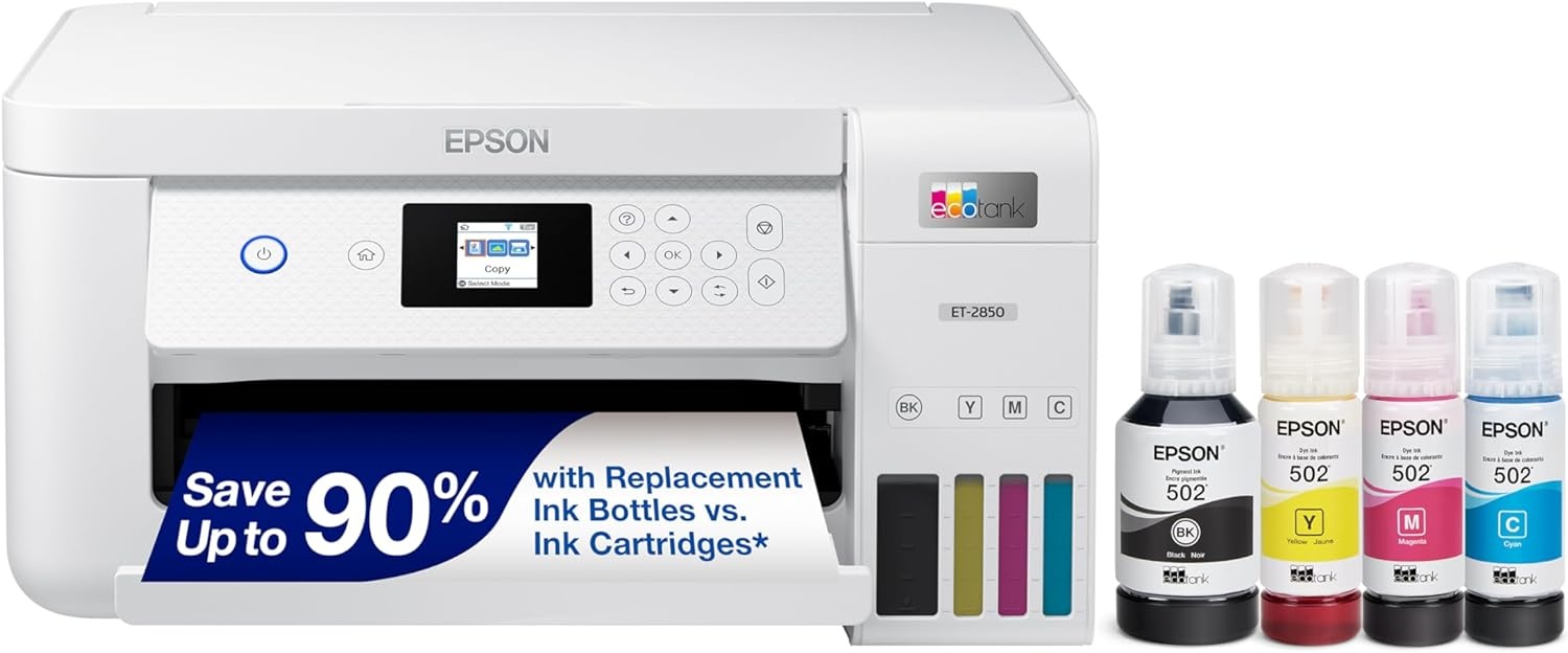 image:imageEpson EcoTank ET2850 Wireless Color AllinOne CartridgeFree Supertank Printer with Scan Copy and Auto 2Sided Printing White MediumWhite