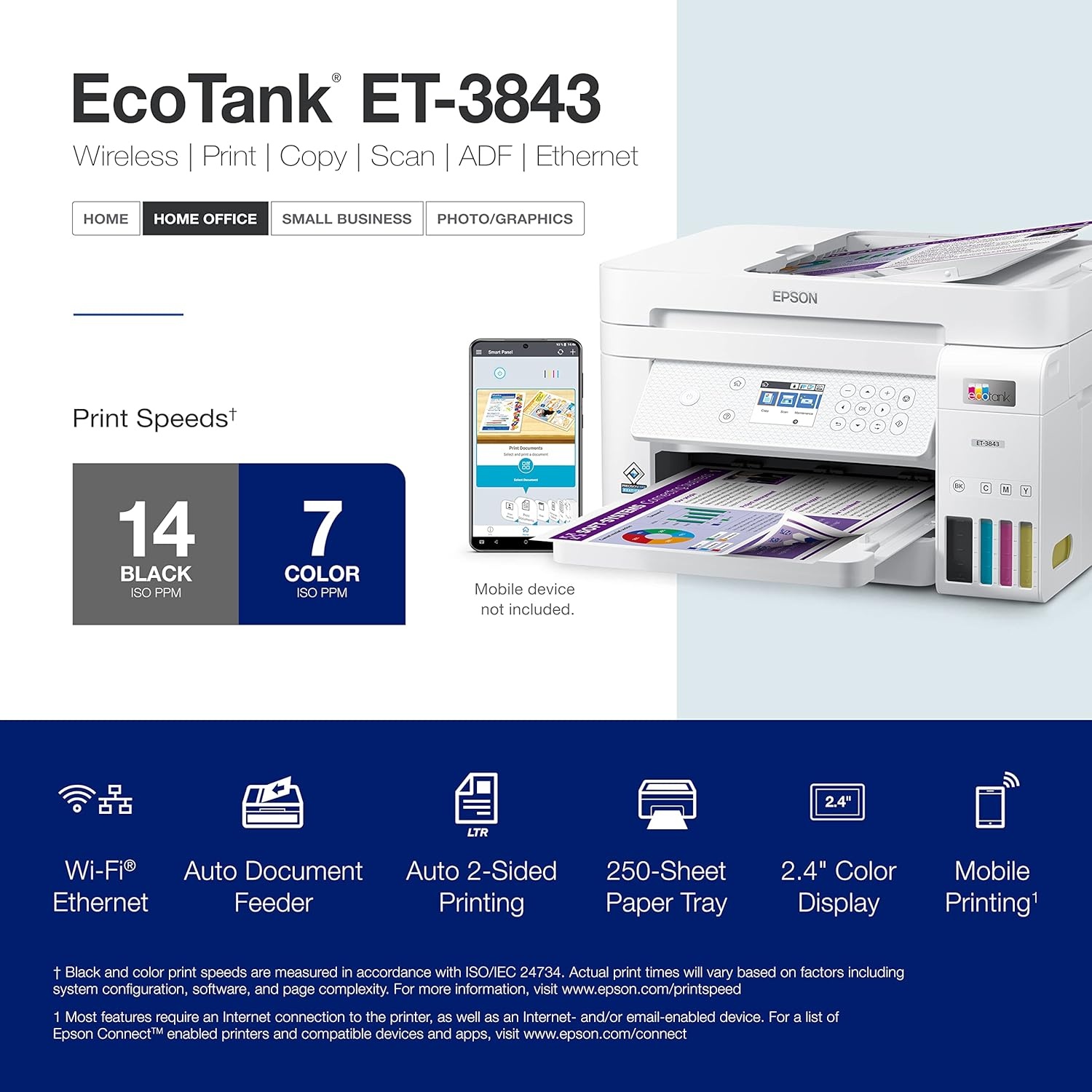 image:imageEpson EcoTank ET3850 Wireless Color AllinOne CartridgeFree Supertank with Scanner Copier ADF and Ethernet The Perfect Printer Home OfficeWhiteET3843