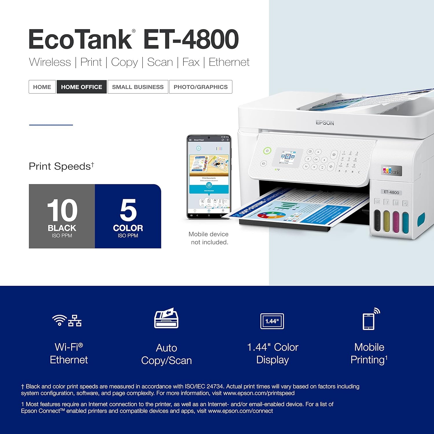 image:imageEpson EcoTank ET4800 Wireless AllinOne CartridgeFree Supertank Printer with Scanner Copier Fax ADF and Ethernet Idealfor Your Home Office WhiteWhite
