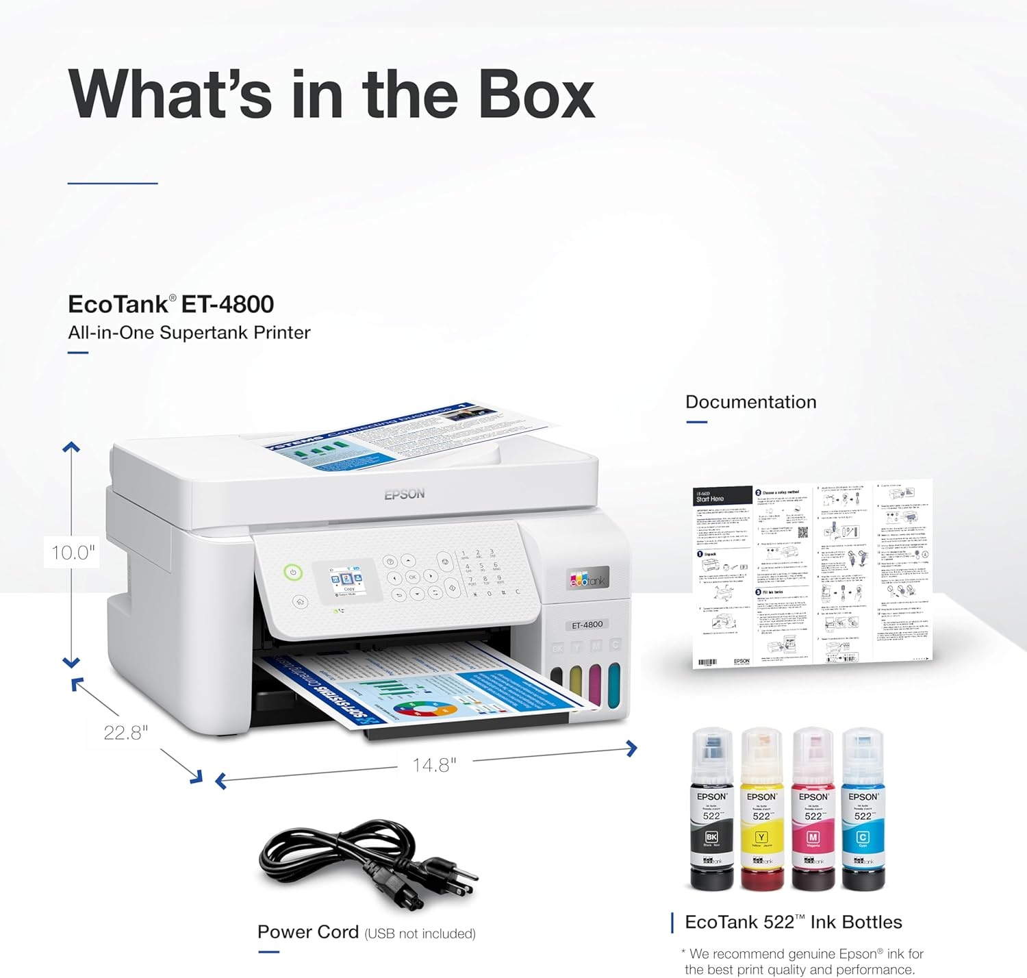 image:imageEpson EcoTank ET4800 Wireless AllinOne CartridgeFree Supertank Printer with Scanner Copier Fax ADF and Ethernet Idealfor Your Home Office WhiteWhite
