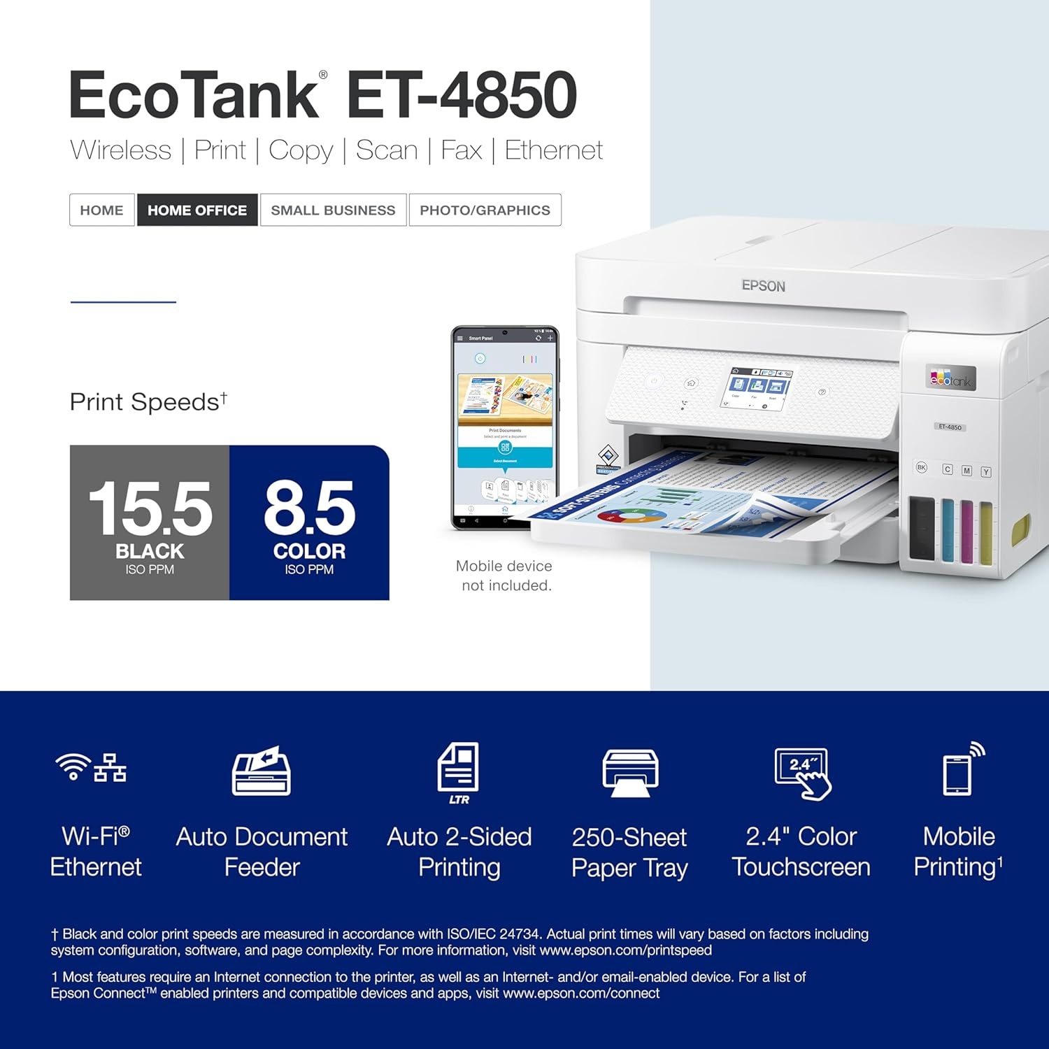 image:imageEpson EcoTank ET4850 Wireless AllinOne CartridgeFree Supertank with Scanner Copier Fax ADF and Ethernet The Perfect Office Printer BlackET4850W
