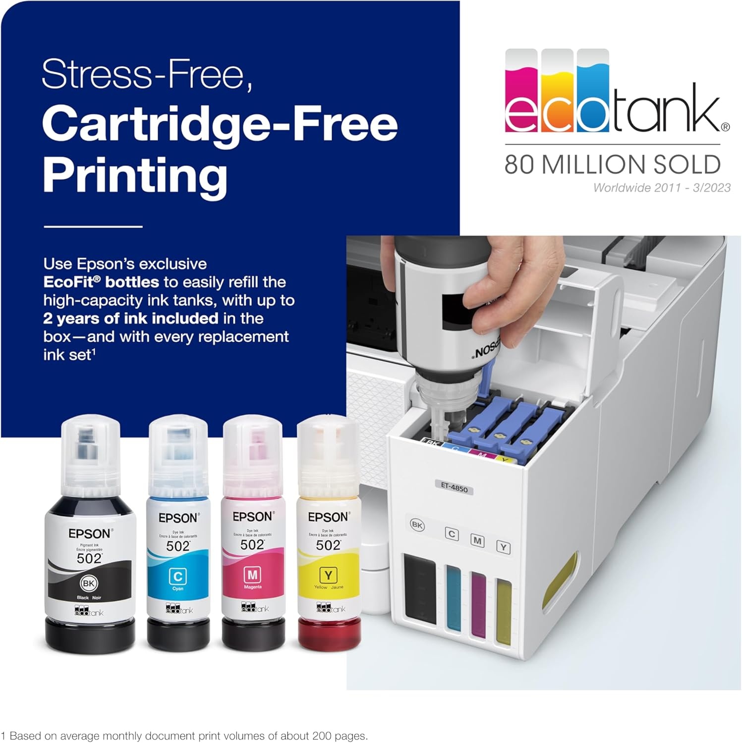 image:imageEpson EcoTank ET4850 Wireless AllinOne CartridgeFree Supertank with Scanner Copier Fax ADF and Ethernet The Perfect Office Printer BlackET4850W