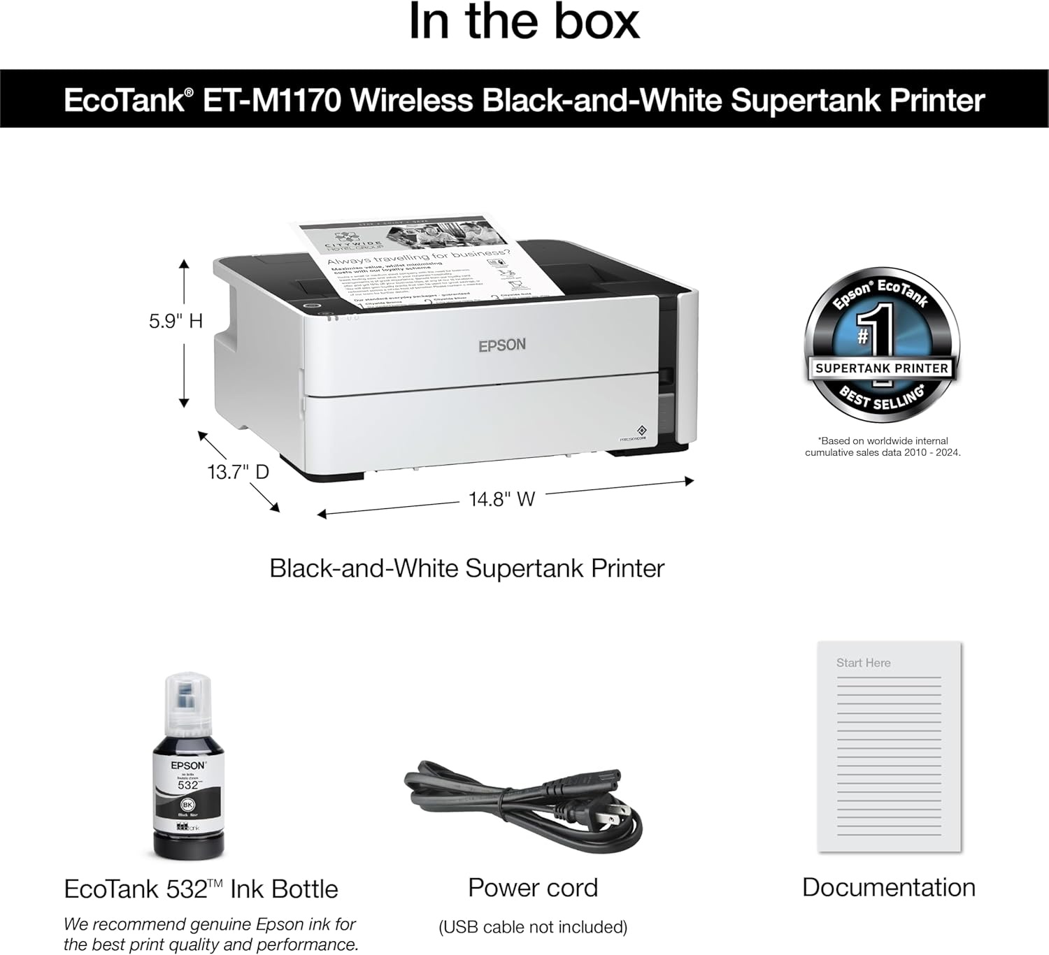 image:imageEpson EcoTank ETM1170 Wireless Monochrome Supertank Printer with Ethernet PLUS 2 Years of Unlimited InkWhiteETM1170
