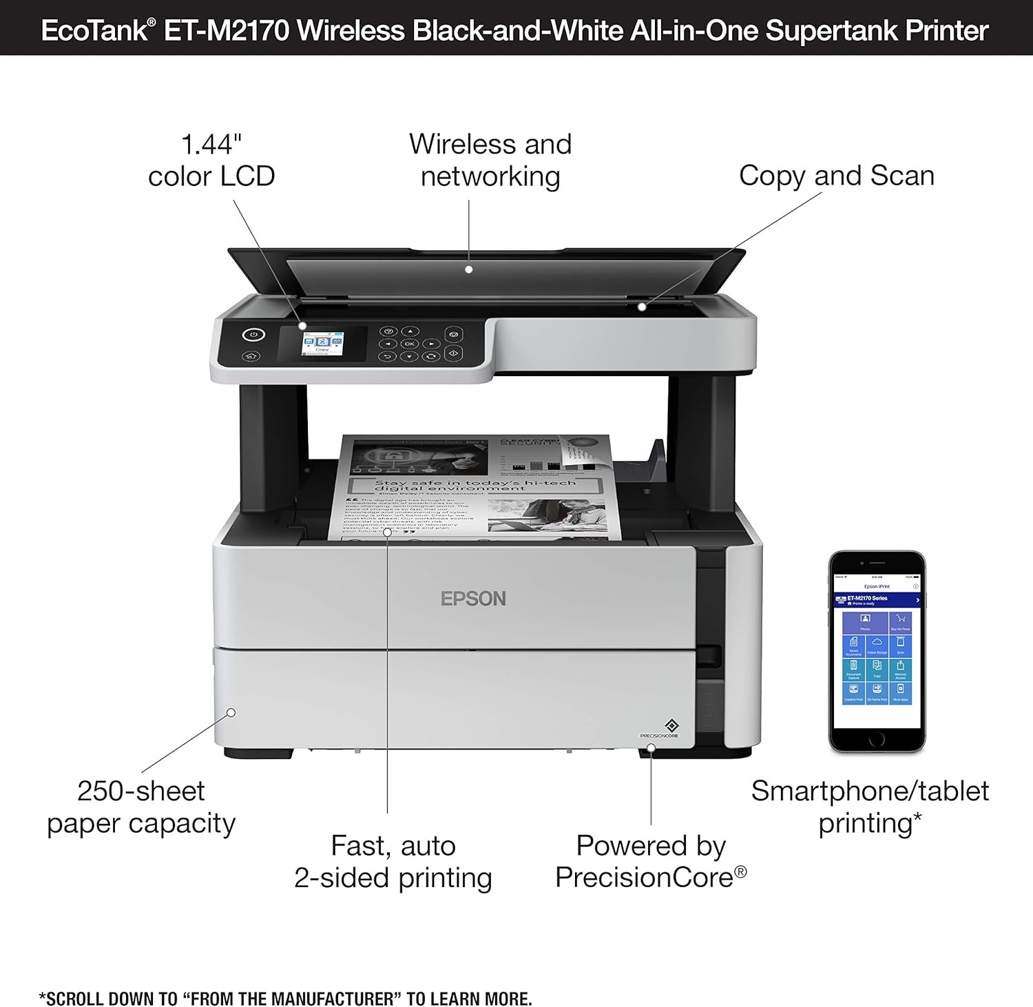 image:imageEpson EcoTank ETM2170 Wireless Monochrome AllinOne Supertank Printer with Ethernet PLUS 2 Years of Unlimited InkWhiteETM2170