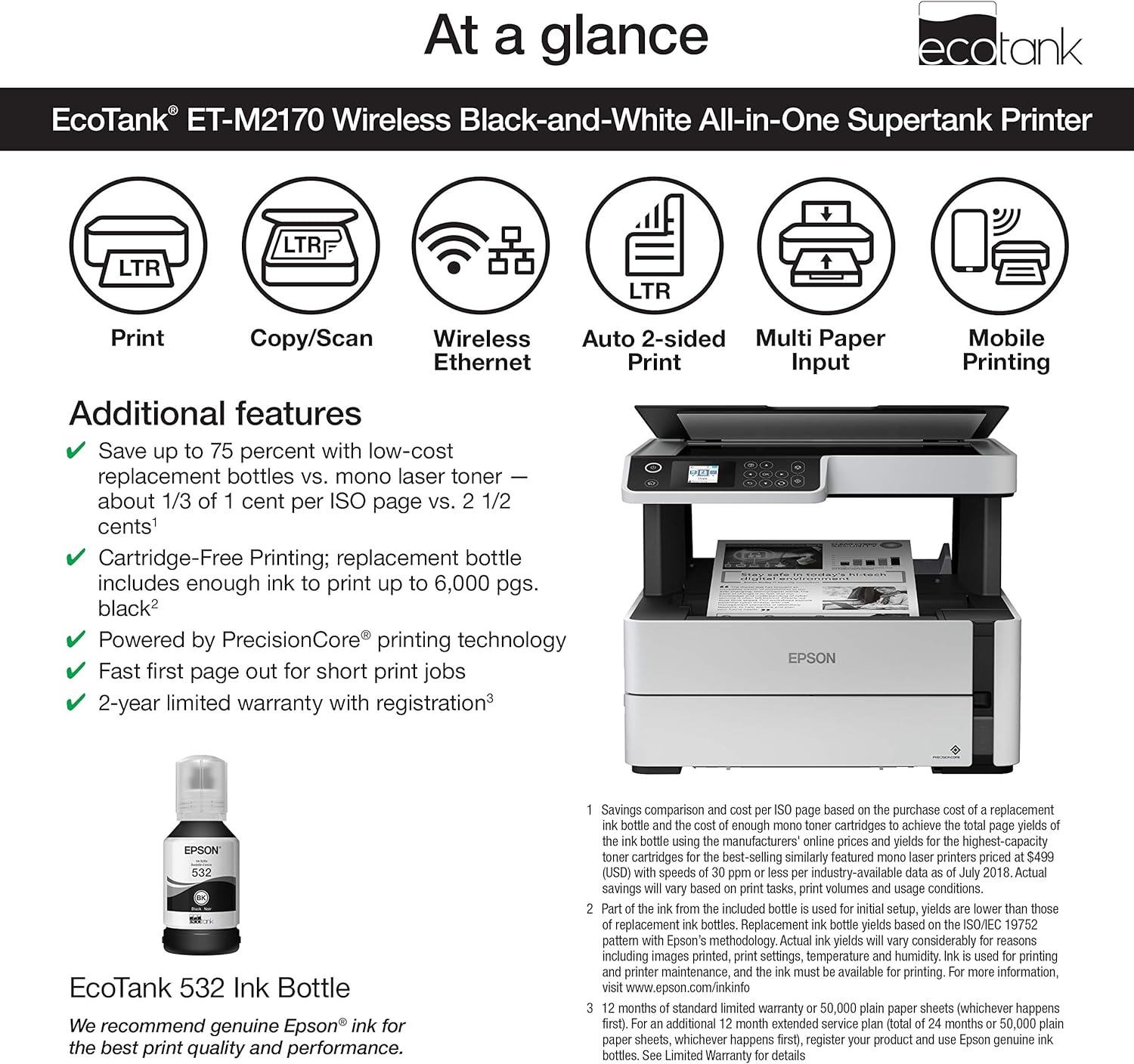 image:imageEpson EcoTank ETM2170 Wireless Monochrome AllinOne Supertank Printer with Ethernet PLUS 2 Years of Unlimited InkWhiteETM2170