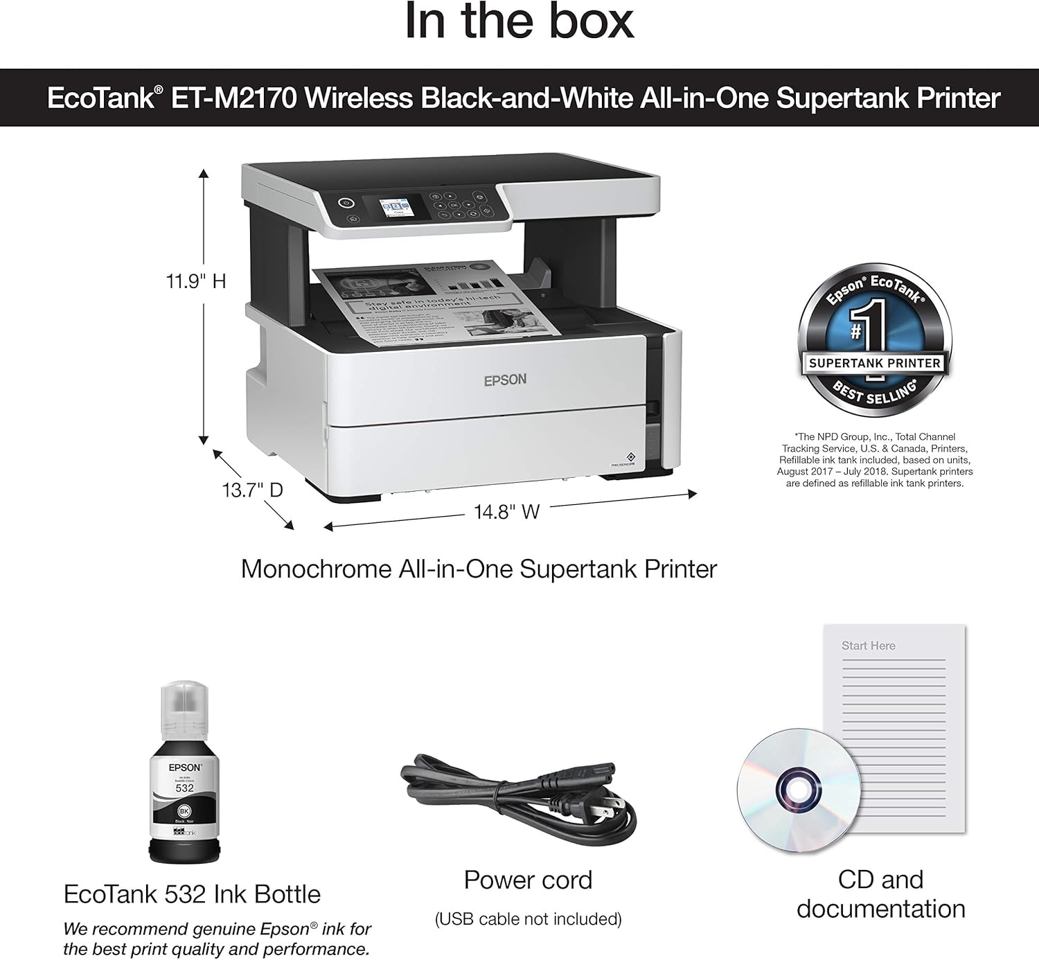 image:imageEpson EcoTank ETM2170 Wireless Monochrome AllinOne Supertank Printer with Ethernet PLUS 2 Years of Unlimited InkWhiteETM2170