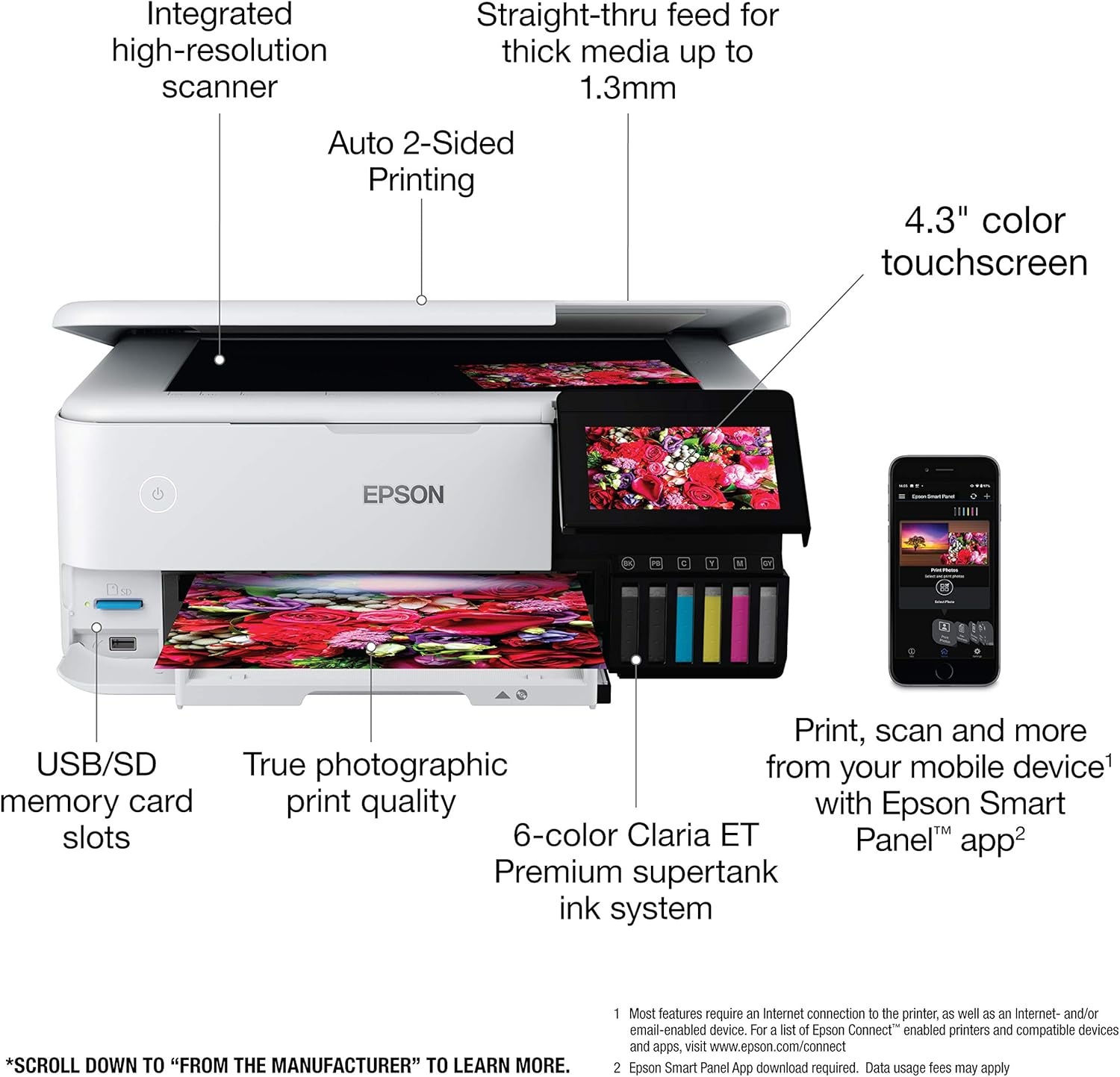 image:imageEpson EcoTank Photo ET8500 Wireless Color AllinOne Supertank Printer with Scanner Copier Ethernet and 43inch Colorfull Touchscreen White