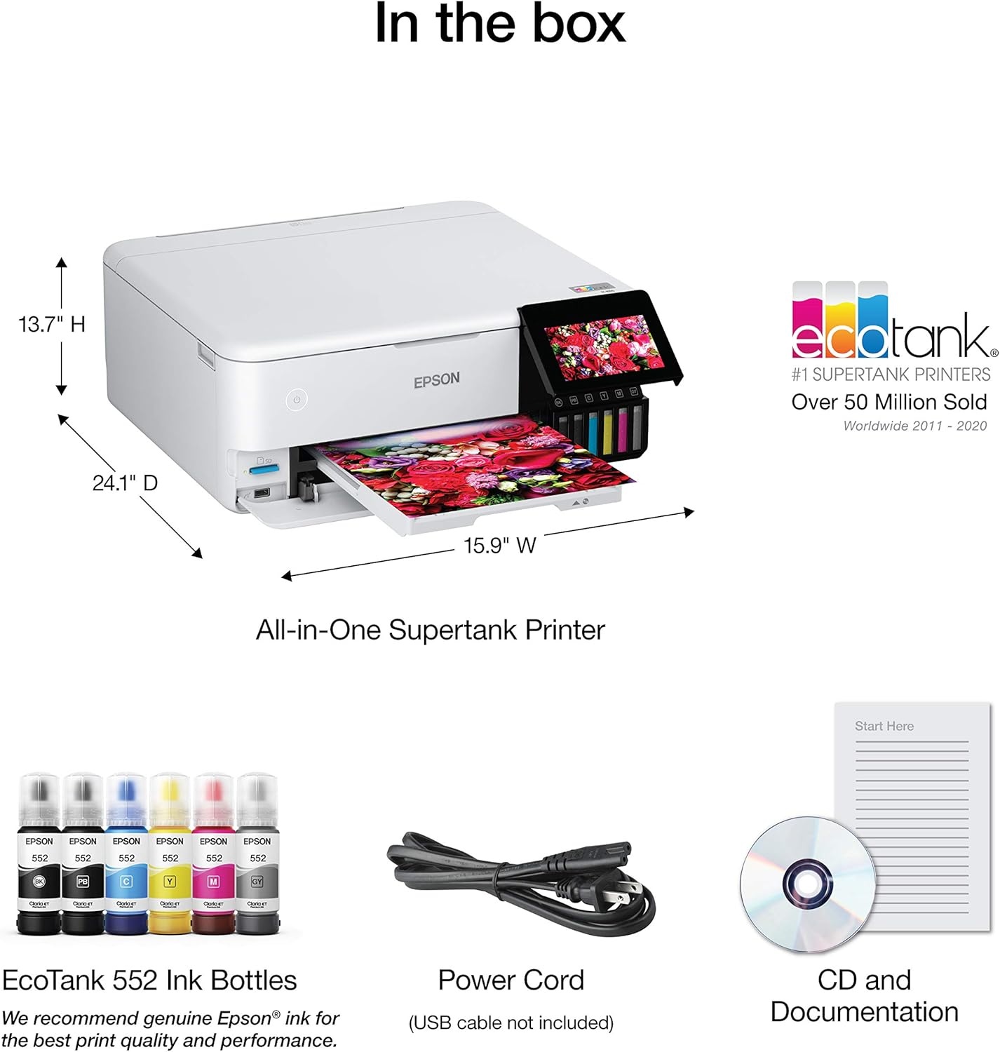 image:imageEpson EcoTank Photo ET8500 Wireless Color AllinOne Supertank Printer with Scanner Copier Ethernet and 43inch Colorfull Touchscreen White