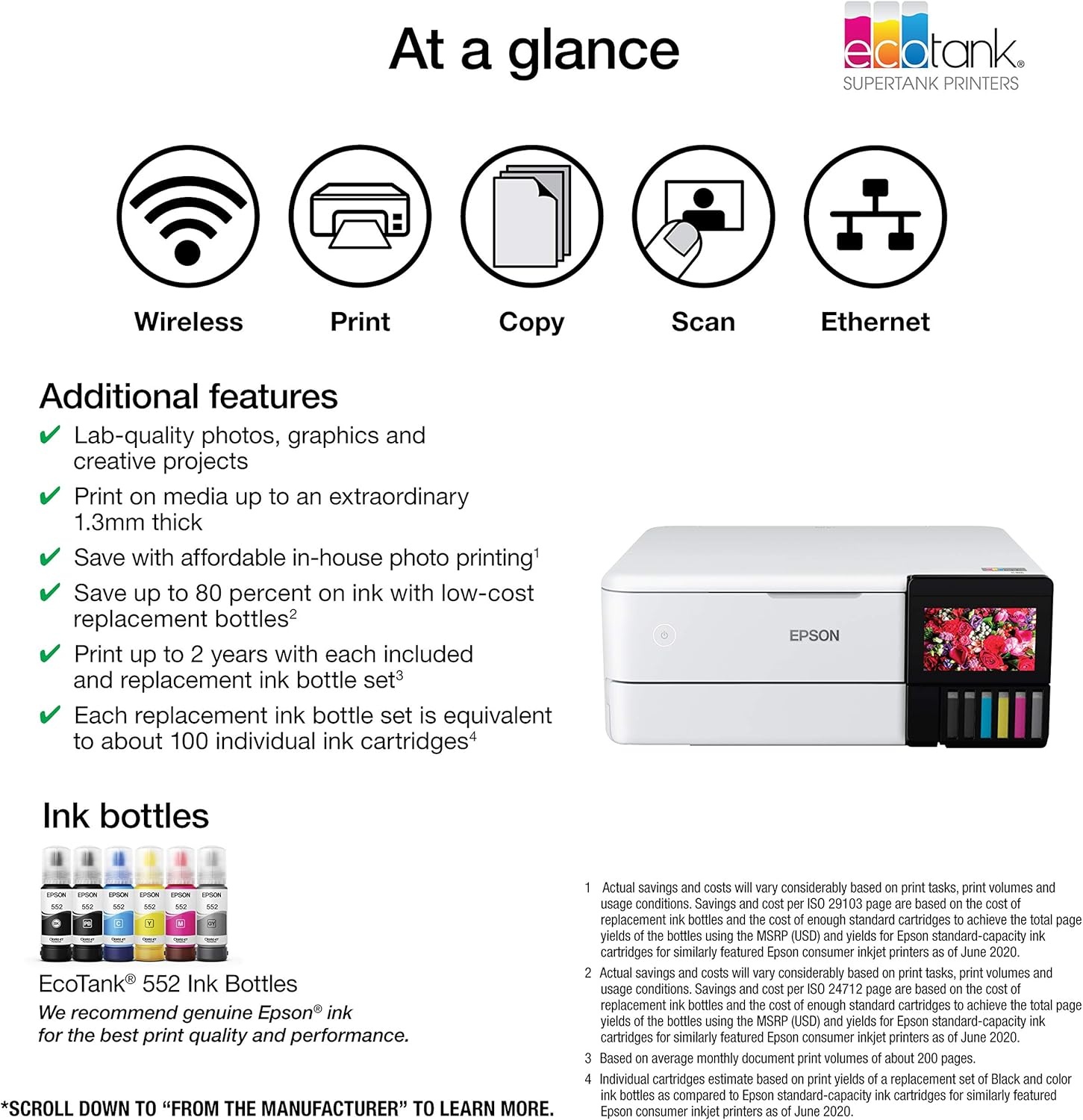 image:imageEpson EcoTank Photo ET8500 Wireless Color AllinOne Supertank Printer with Scanner Copier Ethernet and 43inch Colorfull Touchscreen White