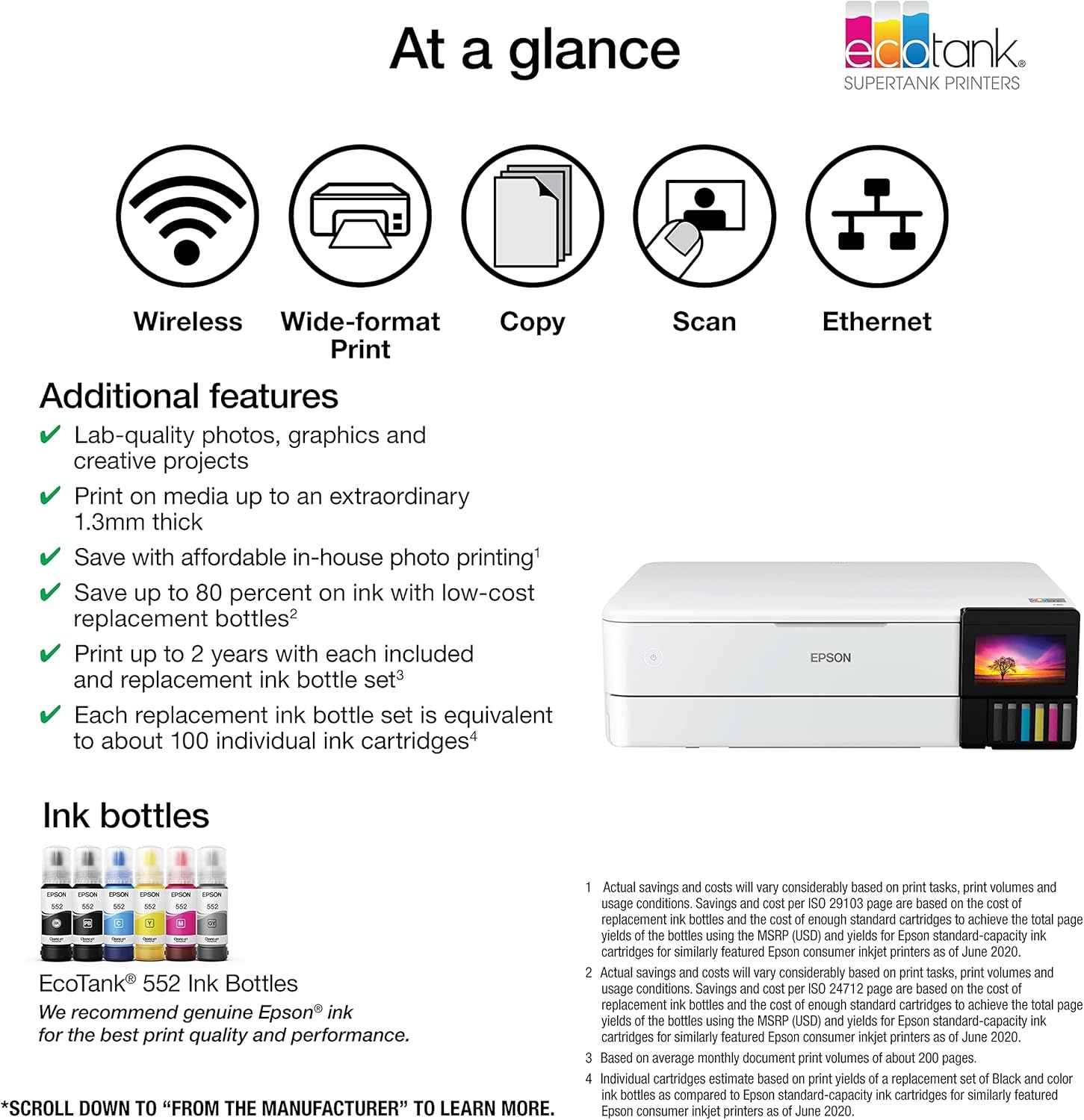 image:imageEpson EcoTank Photo ET8550 Wireless WideFormat Color AllinOne Supertank Printer Scanner Copier Ethernet 43inch Color Touchscreen