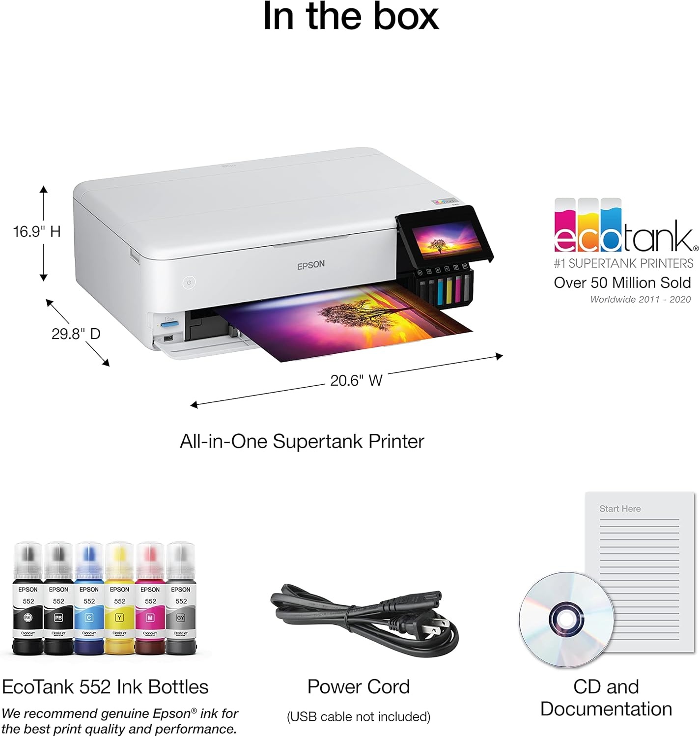 image:imageEpson EcoTank Photo ET8550 Wireless WideFormat Color AllinOne Supertank Printer Scanner Copier Ethernet 43inch Color Touchscreen