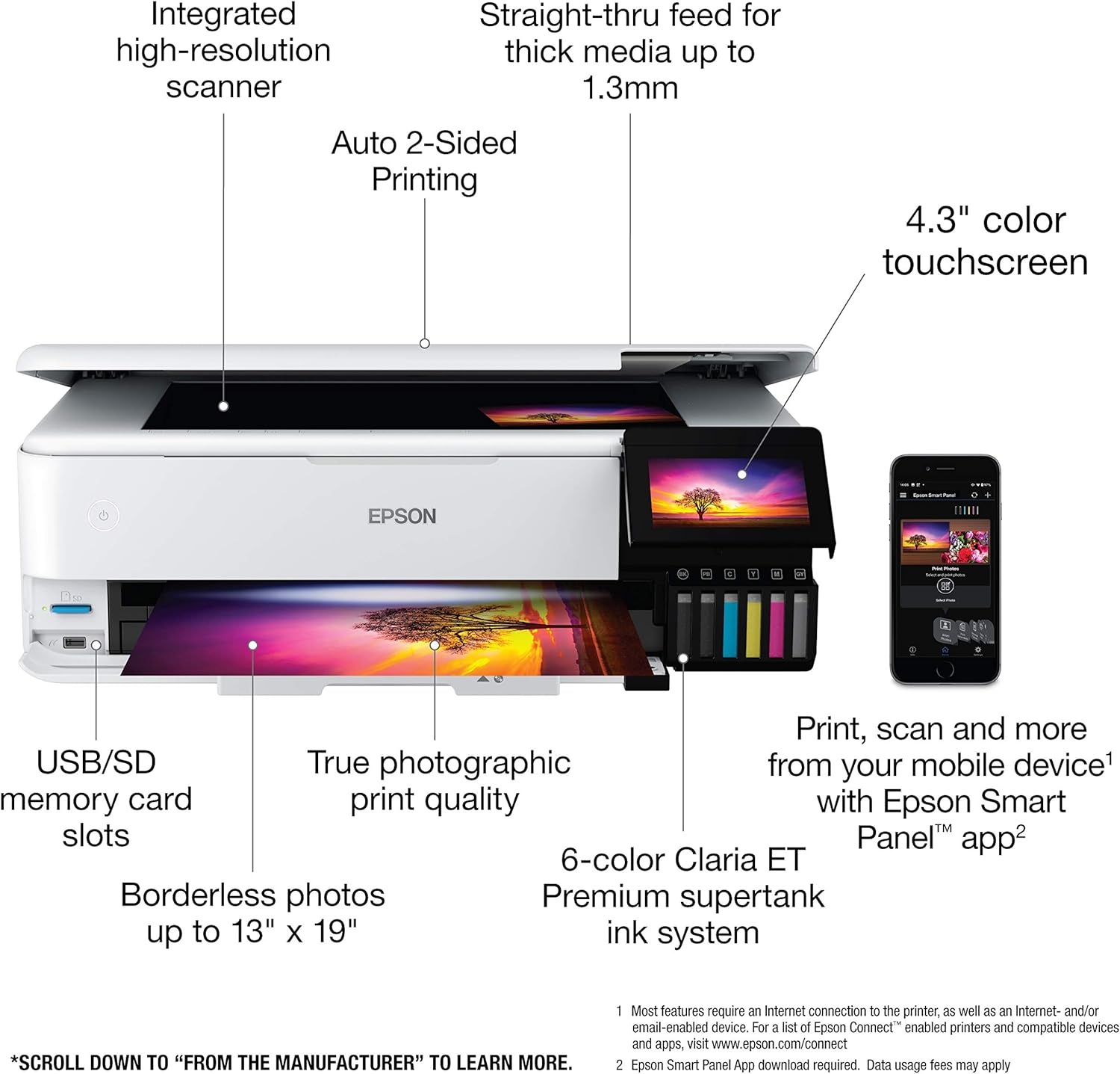 image:imageEpson EcoTank Photo ET8550 Wireless WideFormat Color AllinOne Supertank Printer Scanner Copier Ethernet 43inch Color Touchscreen