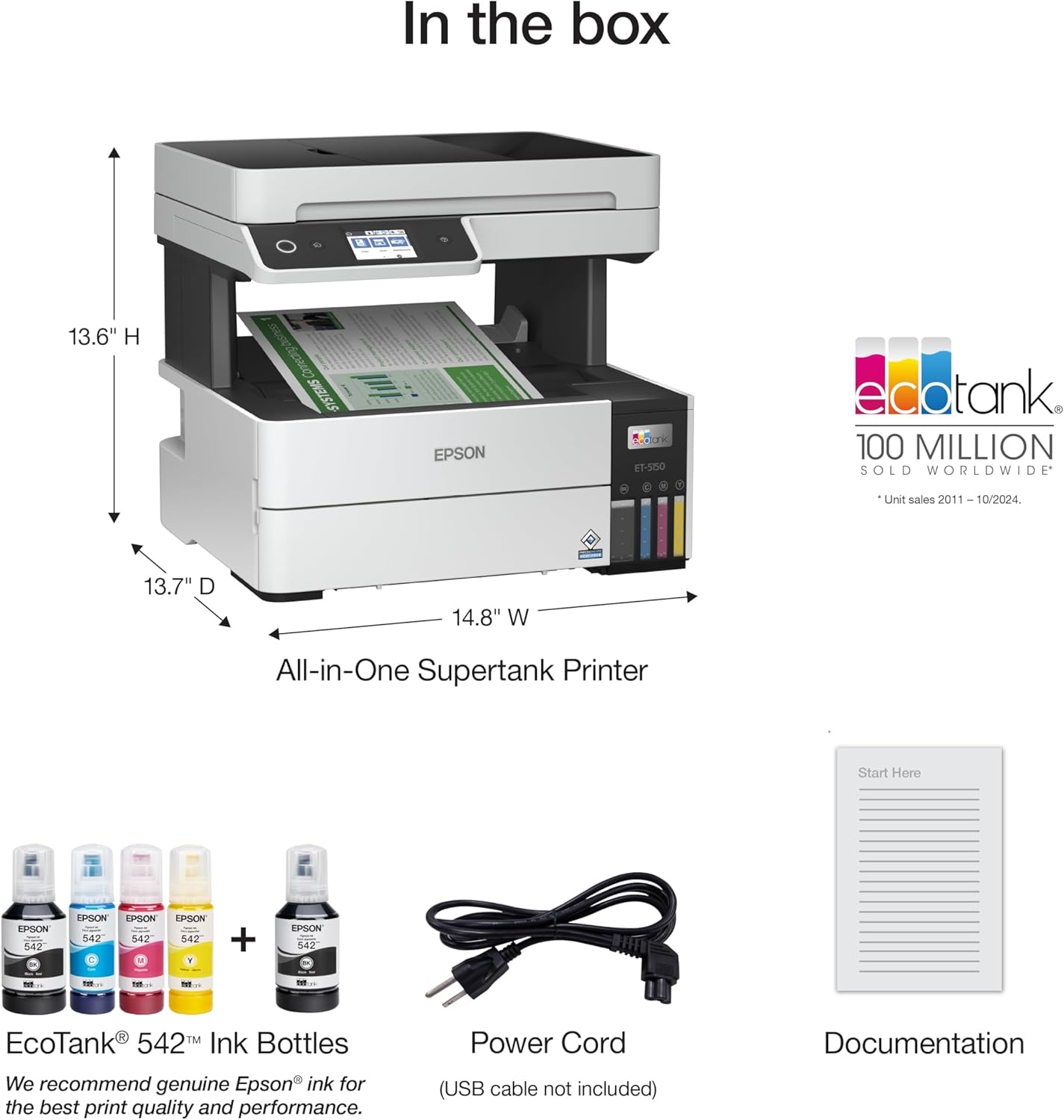 image:imageEpson EcoTank Pro ET5170 Wireless Color AllinOne Supertank Printer with Scanner Copier Fax Plus Auto Document Feeder White LargeET5150