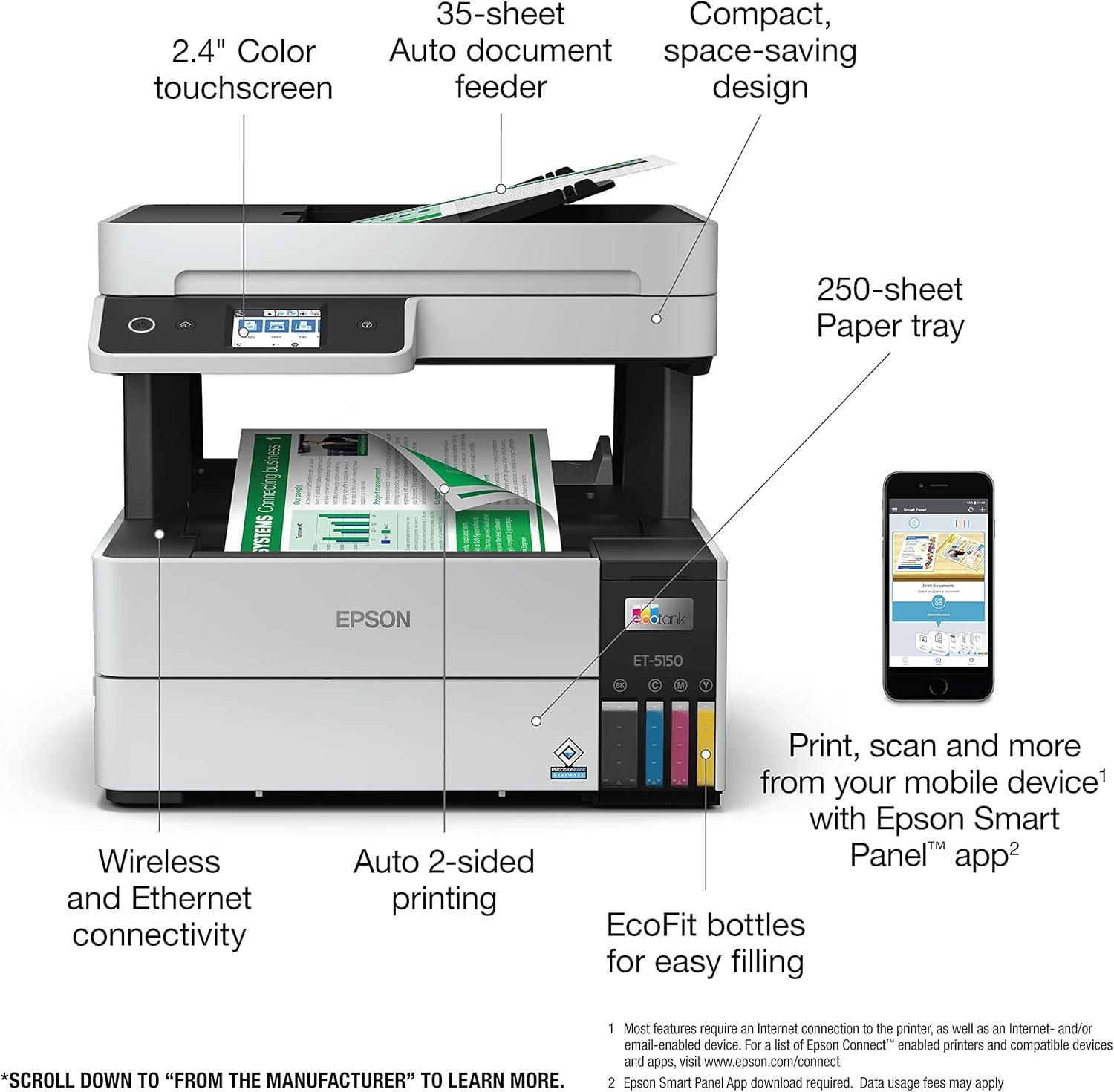 image:imageEpson EcoTank Pro ET5170 Wireless Color AllinOne Supertank Printer with Scanner Copier Fax Plus Auto Document Feeder White LargeET5150