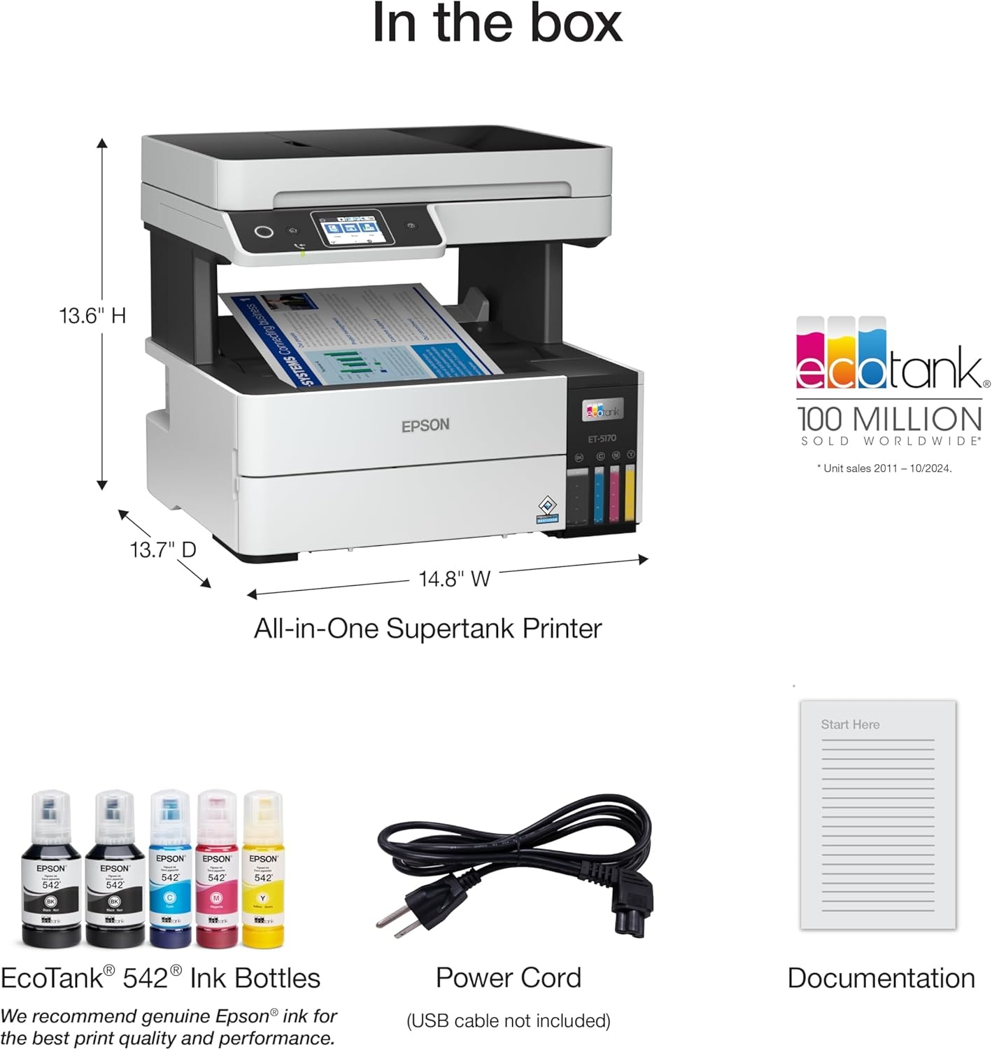 image:imageEpson EcoTank Pro ET5170 Wireless Color AllinOne Supertank Printer with Scanner Copier Fax Plus Auto Document Feeder White LargeET5170