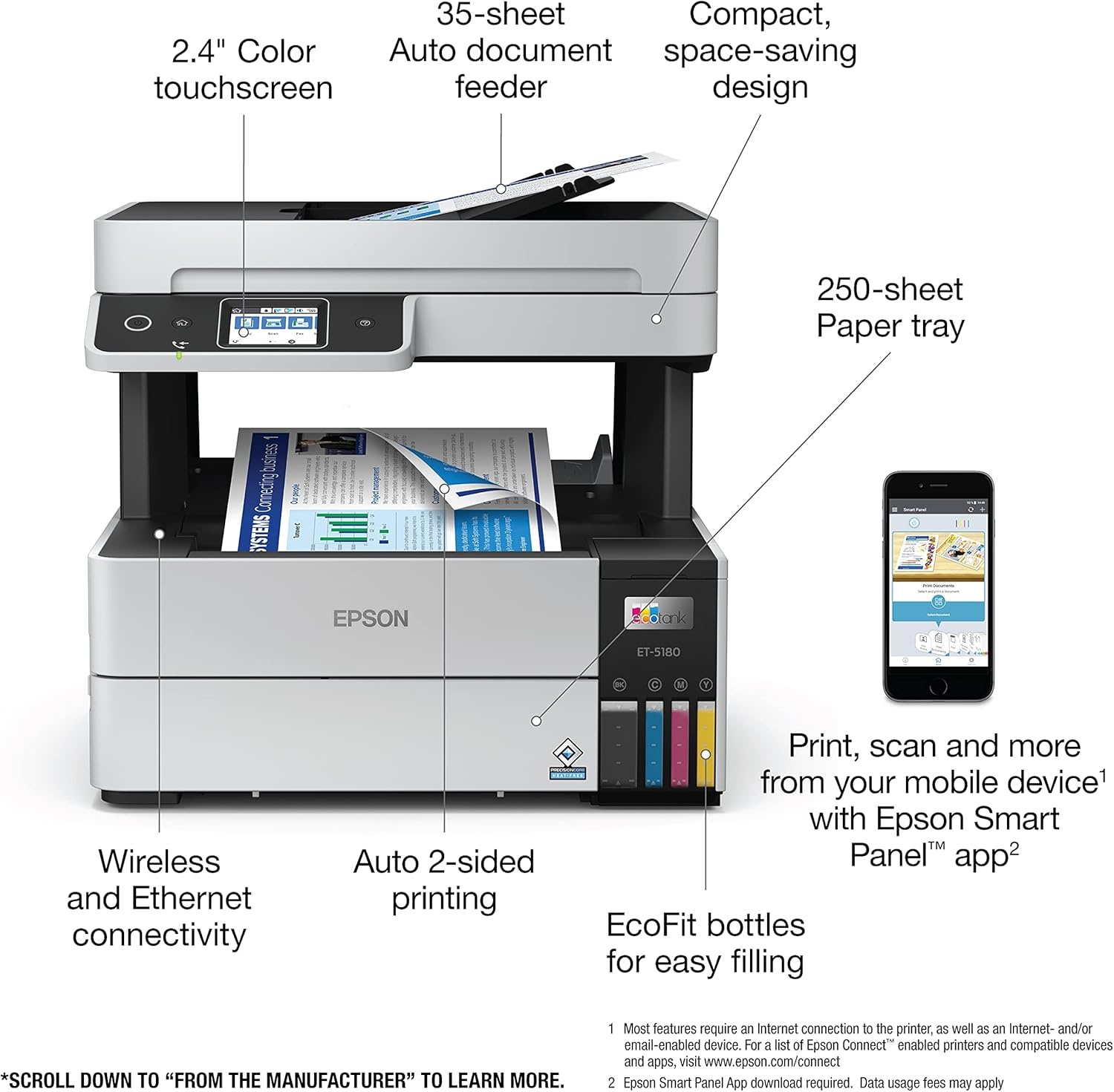 image:imageEpson EcoTank Pro ET5170 Wireless Color AllinOne Supertank Printer with Scanner Copier Fax Plus Auto Document Feeder White LargeET5180