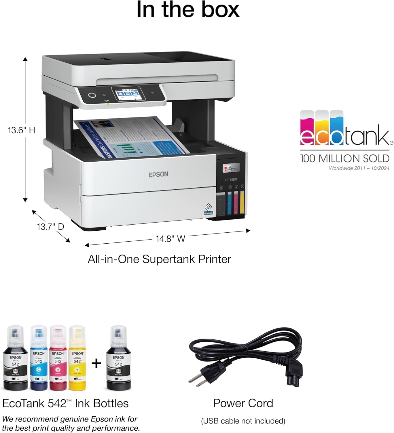 image:imageEpson EcoTank Pro ET5170 Wireless Color AllinOne Supertank Printer with Scanner Copier Fax Plus Auto Document Feeder White LargeET5180