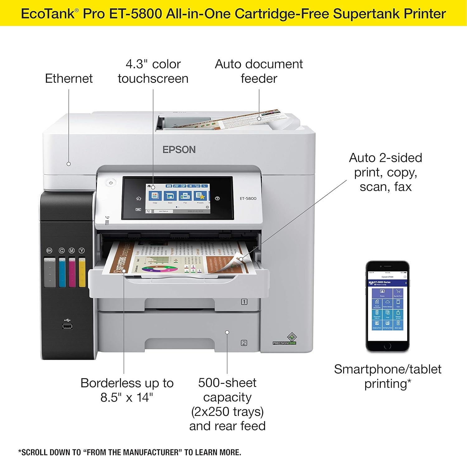 image:imageEpson EcoTank Pro ET5800 Wireless Color AllinOne Supertank Printer with Scanner Copier Fax and Ethernet WhiteET5800