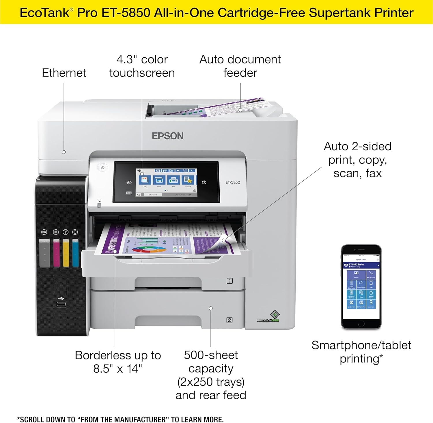 image:imageEpson EcoTank Pro ET5800 Wireless Color AllinOne Supertank Printer with Scanner Copier Fax and Ethernet WhiteET5850 Renewed