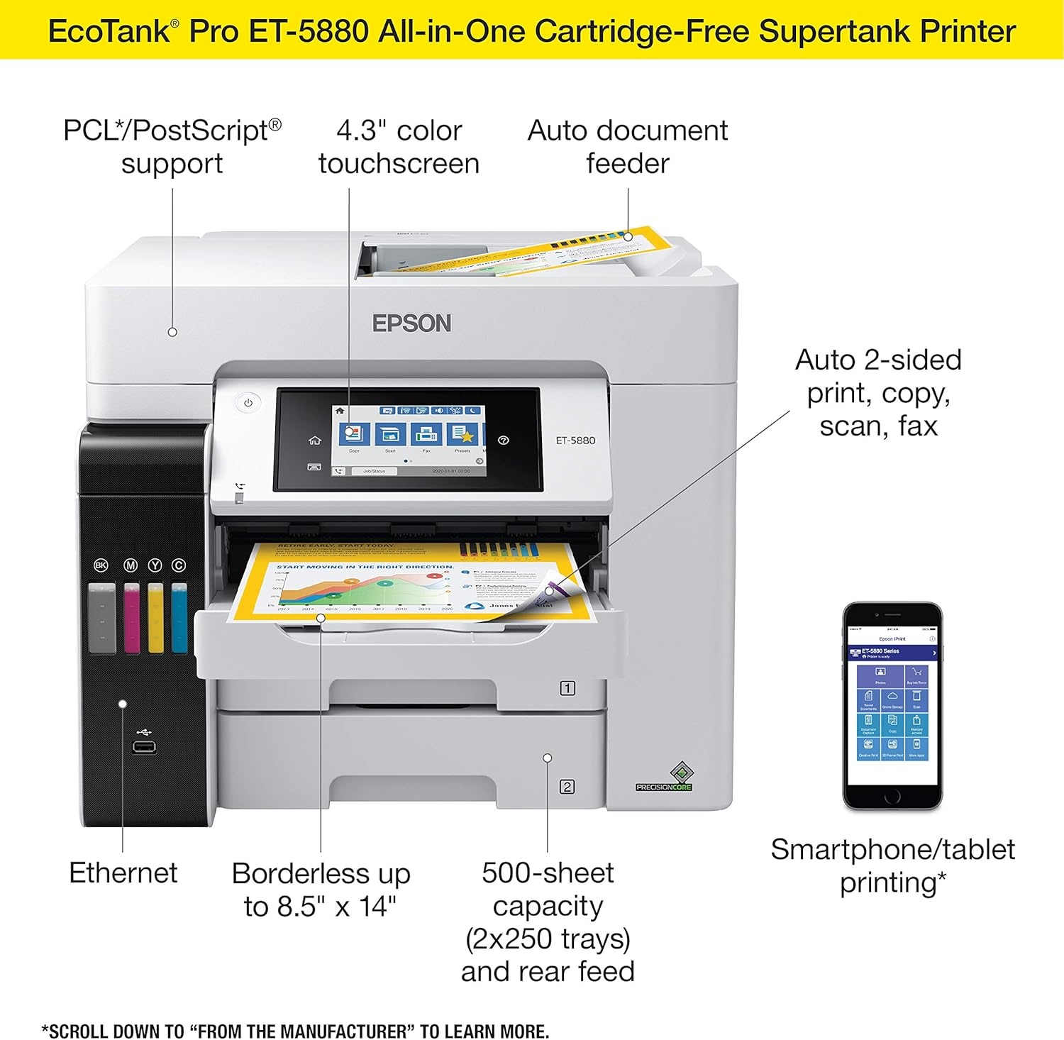 image:imageEpson EcoTank Pro ET5800 Wireless Color AllinOne Supertank Printer with Scanner Copier Fax and Ethernet WhiteET5880