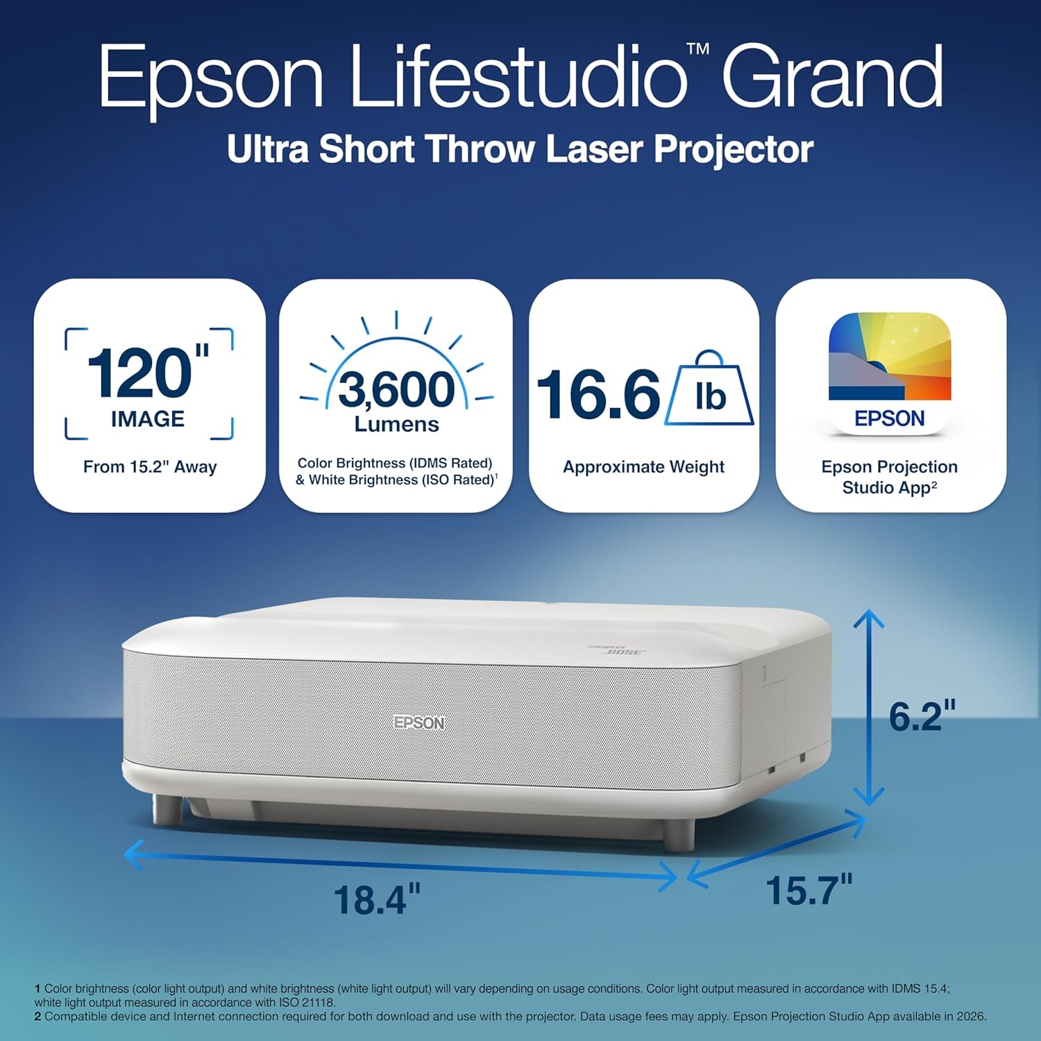 image:imageEpson Lifestudio Grand Ultra Short Throw Laser Projector 4K PROUHD 3600 Lumens of Color and White Brightness Sound by Bose Technology Google TV with Gemini 3Chip 3LCD Technology HDR WhiteWhite