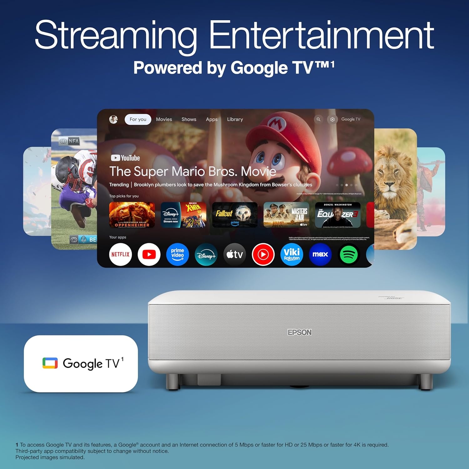 image:imageEpson Lifestudio Grand Ultra Short Throw Laser Projector 4K PROUHD 3600 Lumens of Color and White Brightness Sound by Bose Technology Google TV with Gemini 3Chip 3LCD Technology HDR WhiteWhite
