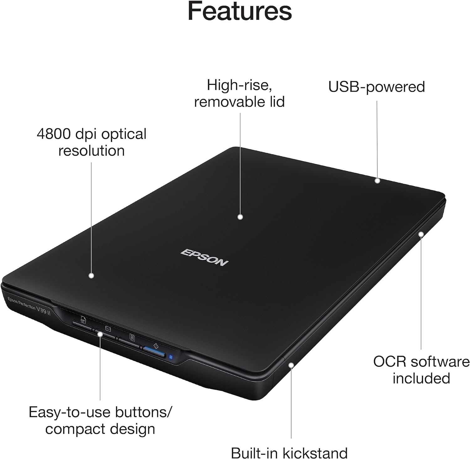 image:imageEpson Perfection V39 II Color Photo and Document Flatbed Scanner with 4800 dpi Optical Resolution Scan to Cloud USB Power and HighRise Removable LidPerfection V39 II