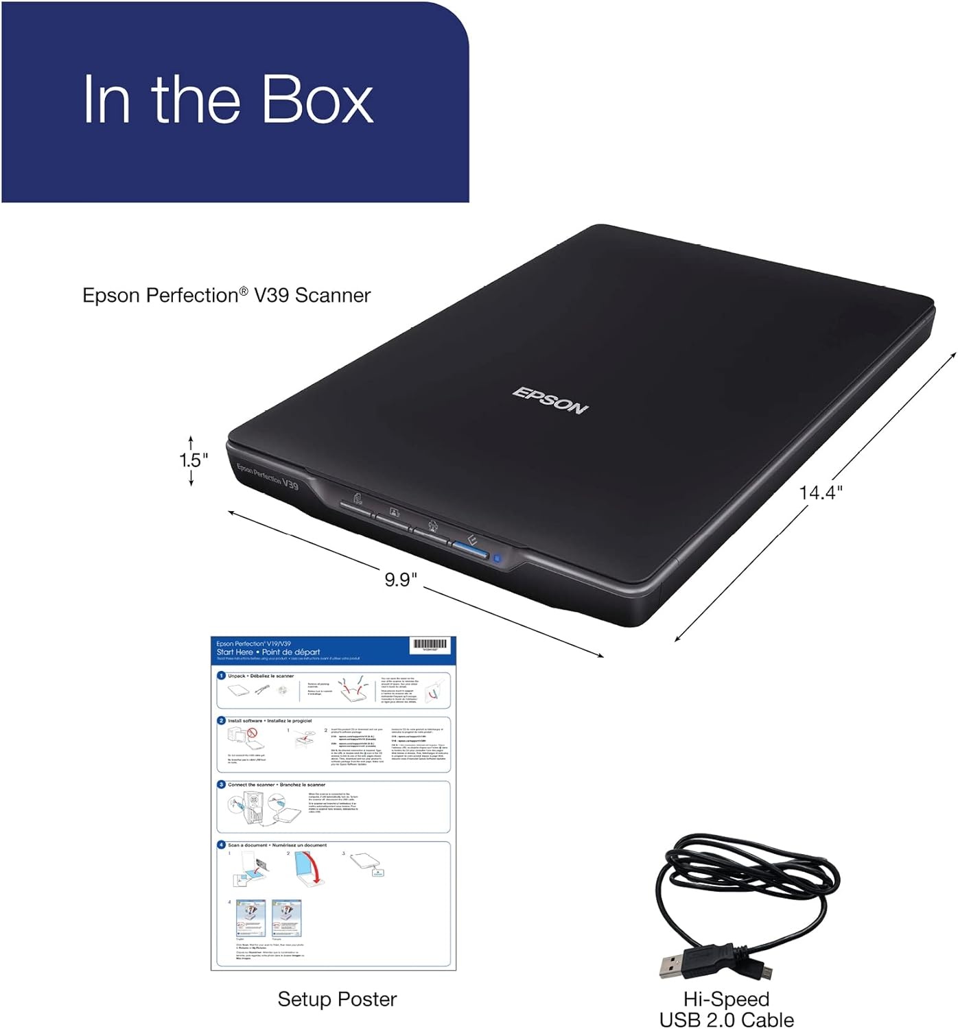 image:imageEpson Perfection V39 II Color Photo and Document Flatbed Scanner with 4800 dpi Optical Resolution Scan to Cloud USB Power and HighRise Removable LidPerfection V39