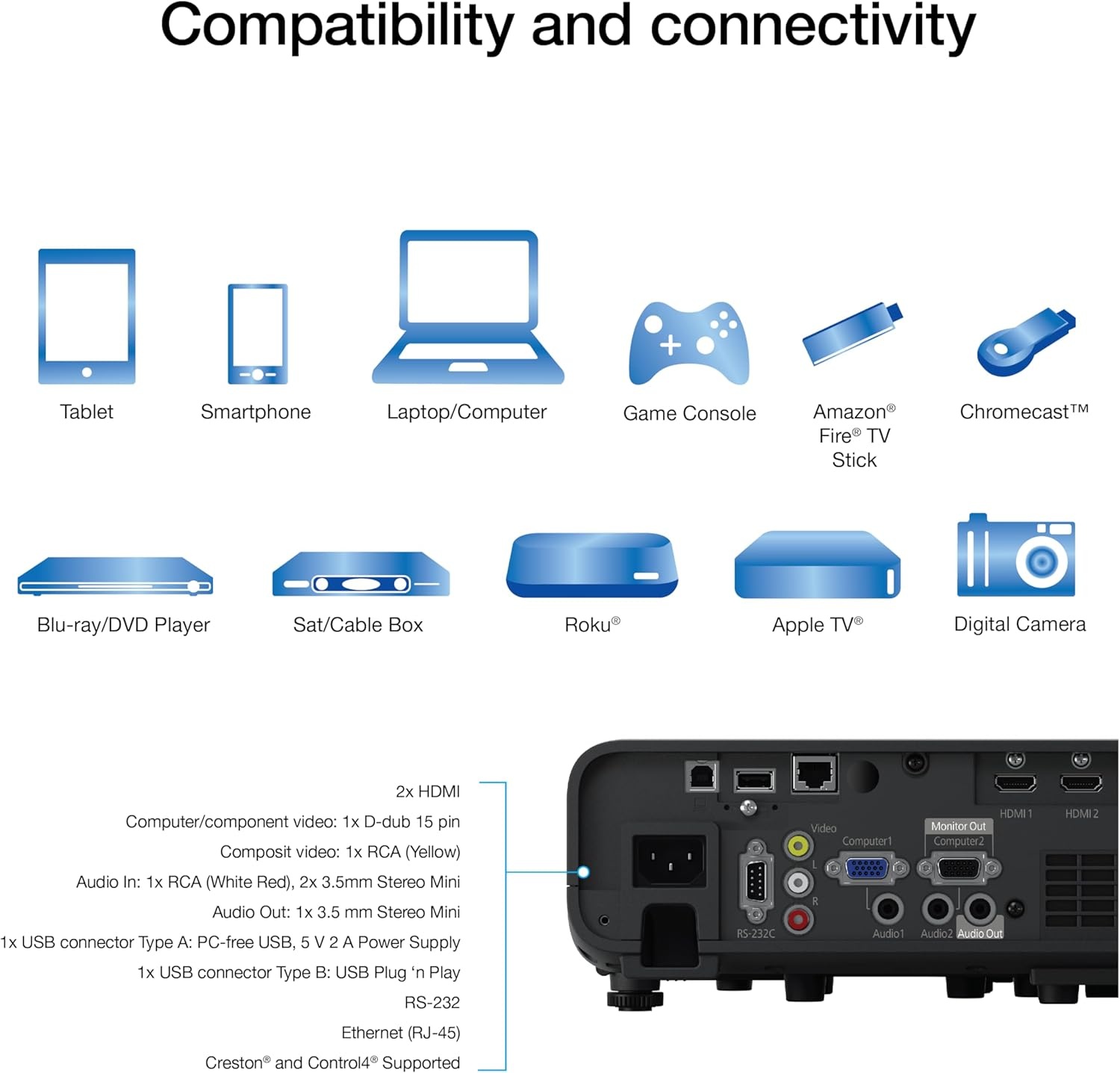 image:imageEpson Pro EX11000 3Chip 3LCD Full HD 1080p Wireless Laser Projector 4600 Lumens ColorWhite Brightness Miracast 2 HDMI Ports USB Power for Streaming Builtin 16W Speaker