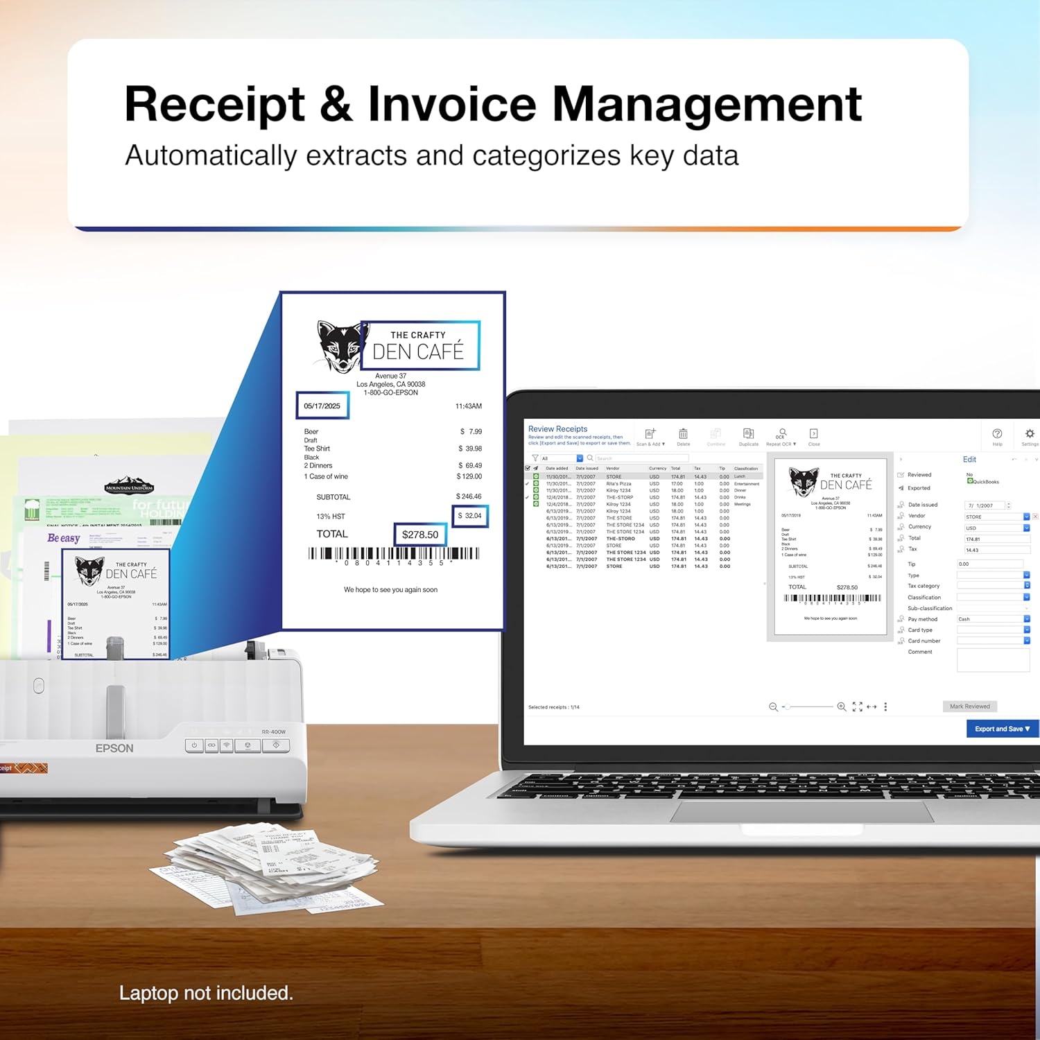 image:imageEpson RapidReceipt RR400W Wireless Compact Desktop Color 2Sided Document amp Tax Receipt Scanner with ScanSmart AI PRO Data Management Software amp 20Page Auto Doc Feeder