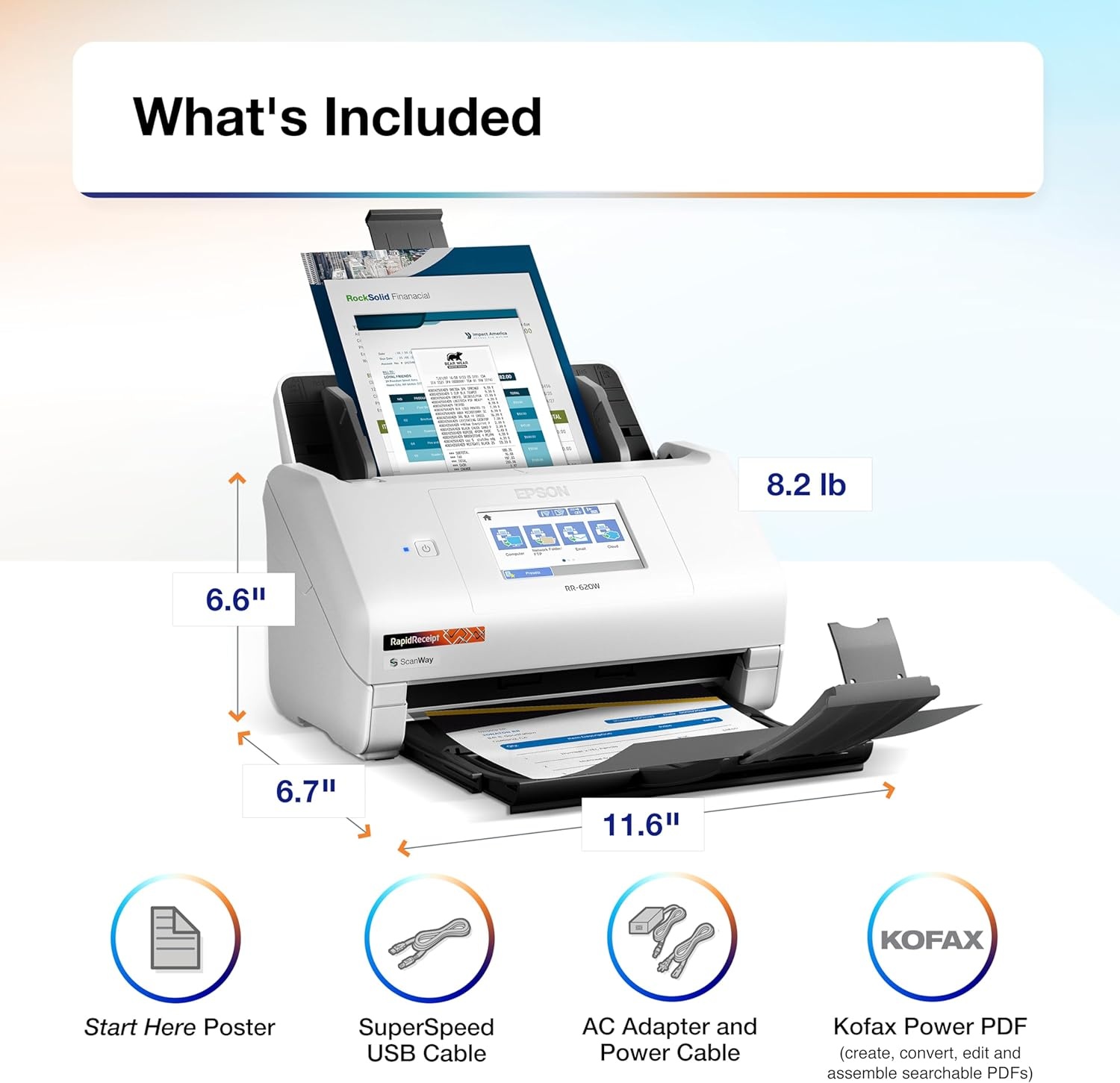 image:imageEpson RapidReceipt RR600W Wireless Desktop Color 2Sided Document amp Tax Receipt Scanner with ScanSmart AI PRO Data Management Software for PC amp Mac Touchscreen amp 100Page Auto Document Feeder WhiteRR620W
