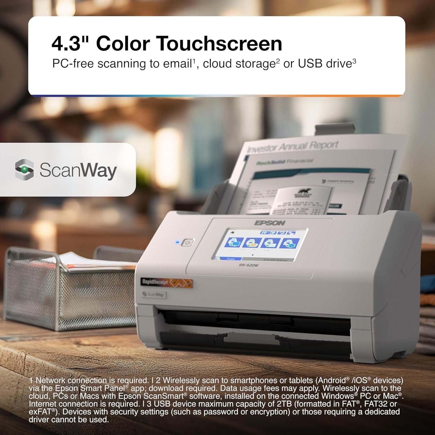 image:imageEpson RapidReceipt RR600W Wireless Desktop Color 2Sided Document amp Tax Receipt Scanner with ScanSmart AI PRO Data Management Software for PC amp Mac Touchscreen amp 100Page Auto Document Feeder WhiteRR620W