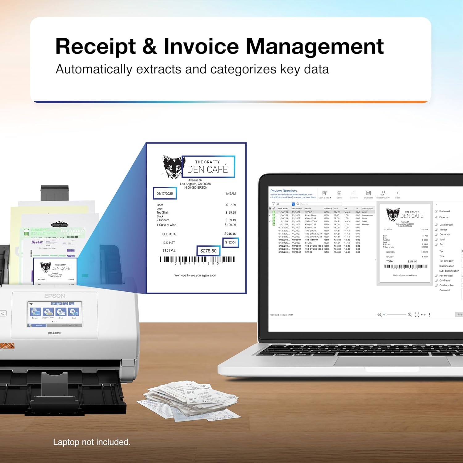 image:imageEpson RapidReceipt RR600W Wireless Desktop Color 2Sided Document amp Tax Receipt Scanner with ScanSmart AI PRO Data Management Software for PC amp Mac Touchscreen amp 100Page Auto Document Feeder WhiteRR600W
